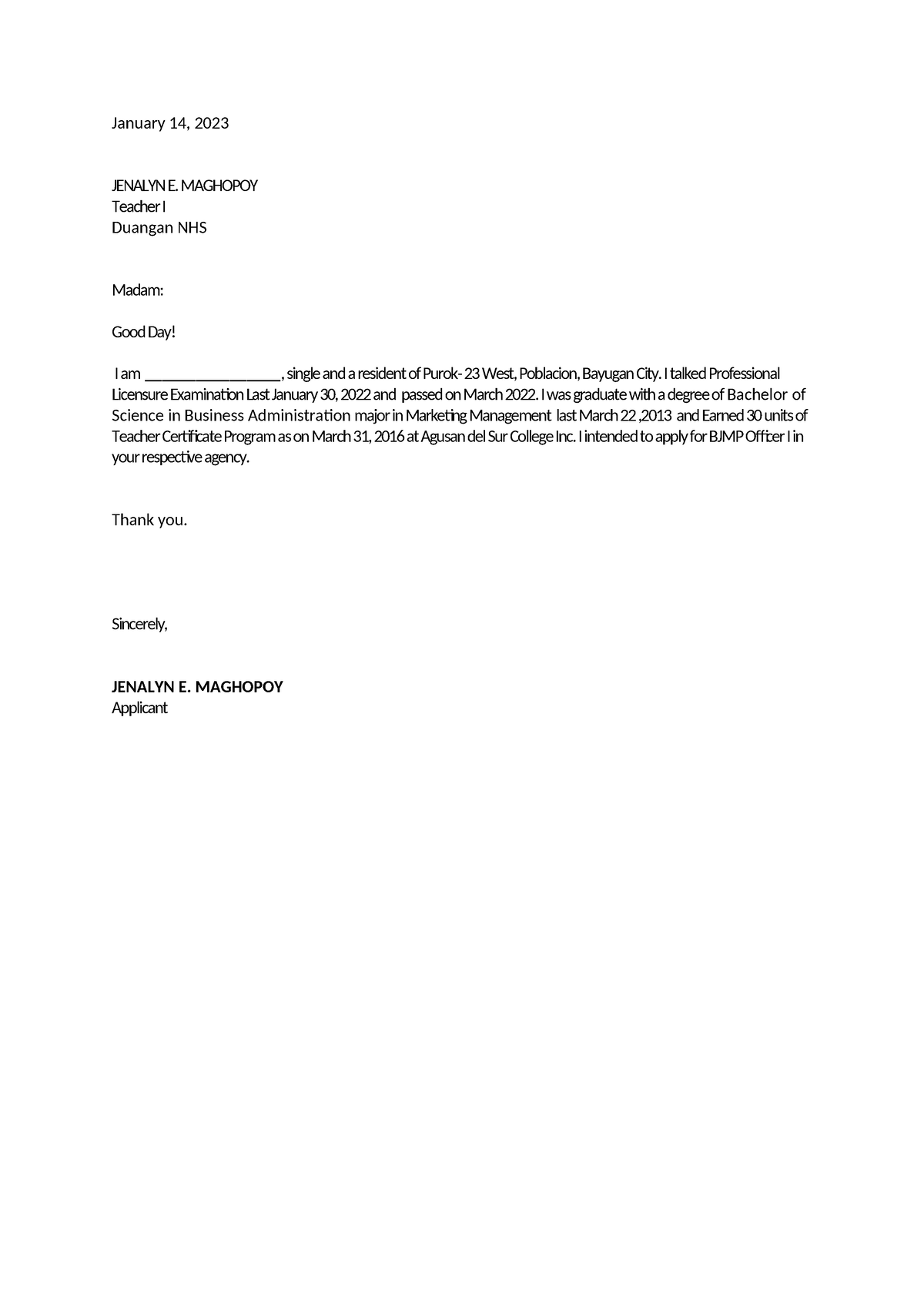 Application-Letter - Summary Social Science - January 14, 2023 JENALYN ...