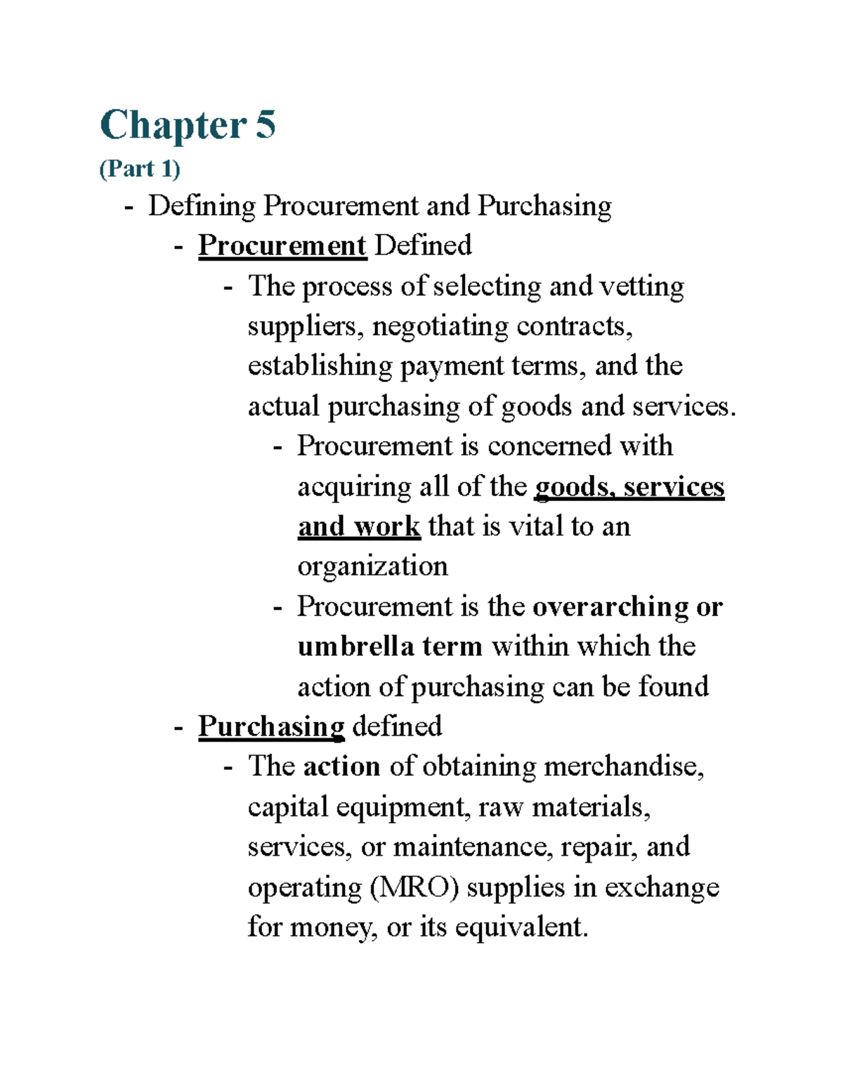 Chapter 5(part1) Supply Chain Chapter 5 (Part 1) Defining Procurement and Purchasing Studocu