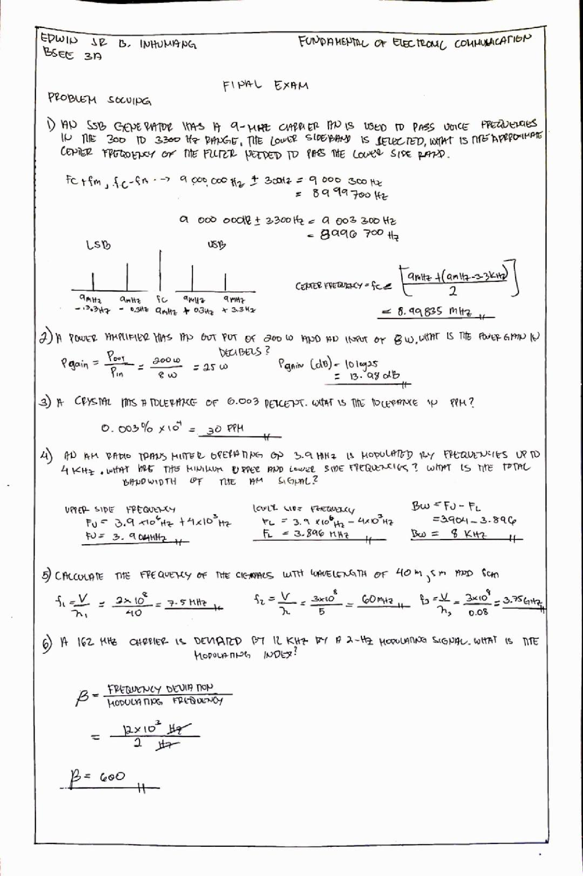 Fundamentals Of Electronic Communication Final Exam Problem Solving ...