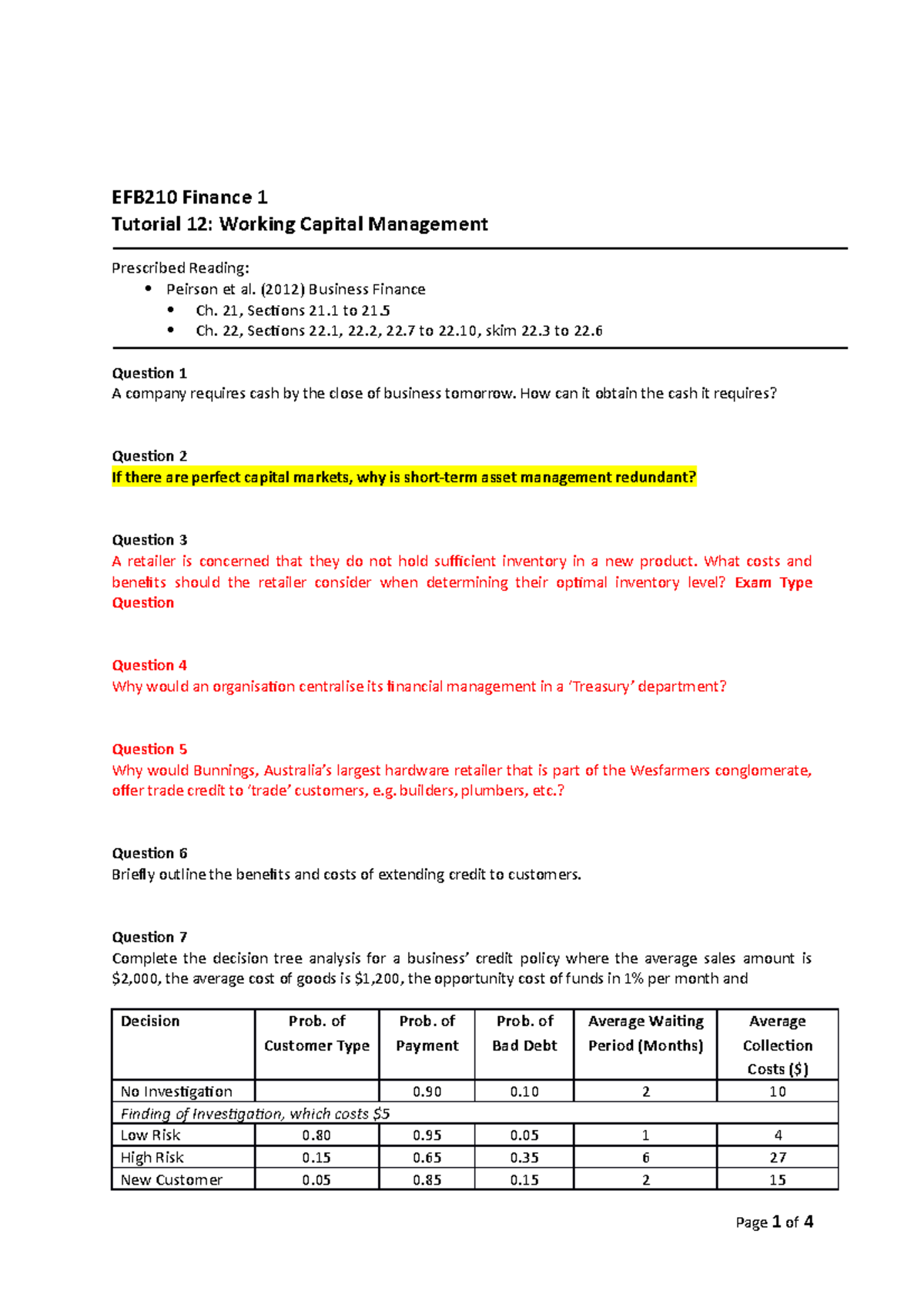 Tutorial 12 Questions - solution - EFB210 Finance 1 Tutorial 12 ...