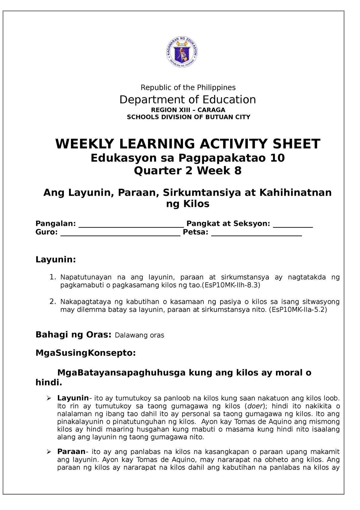 ESP 10 Q2 WEEK 8 - ESP 10 Q2 WEEK 8 - Republic Of The Philippines ...