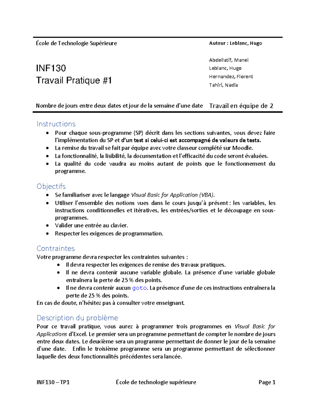 TP1 - inf130 - École de Technologie Supérieure Auteur : Leblanc, Hugo ...