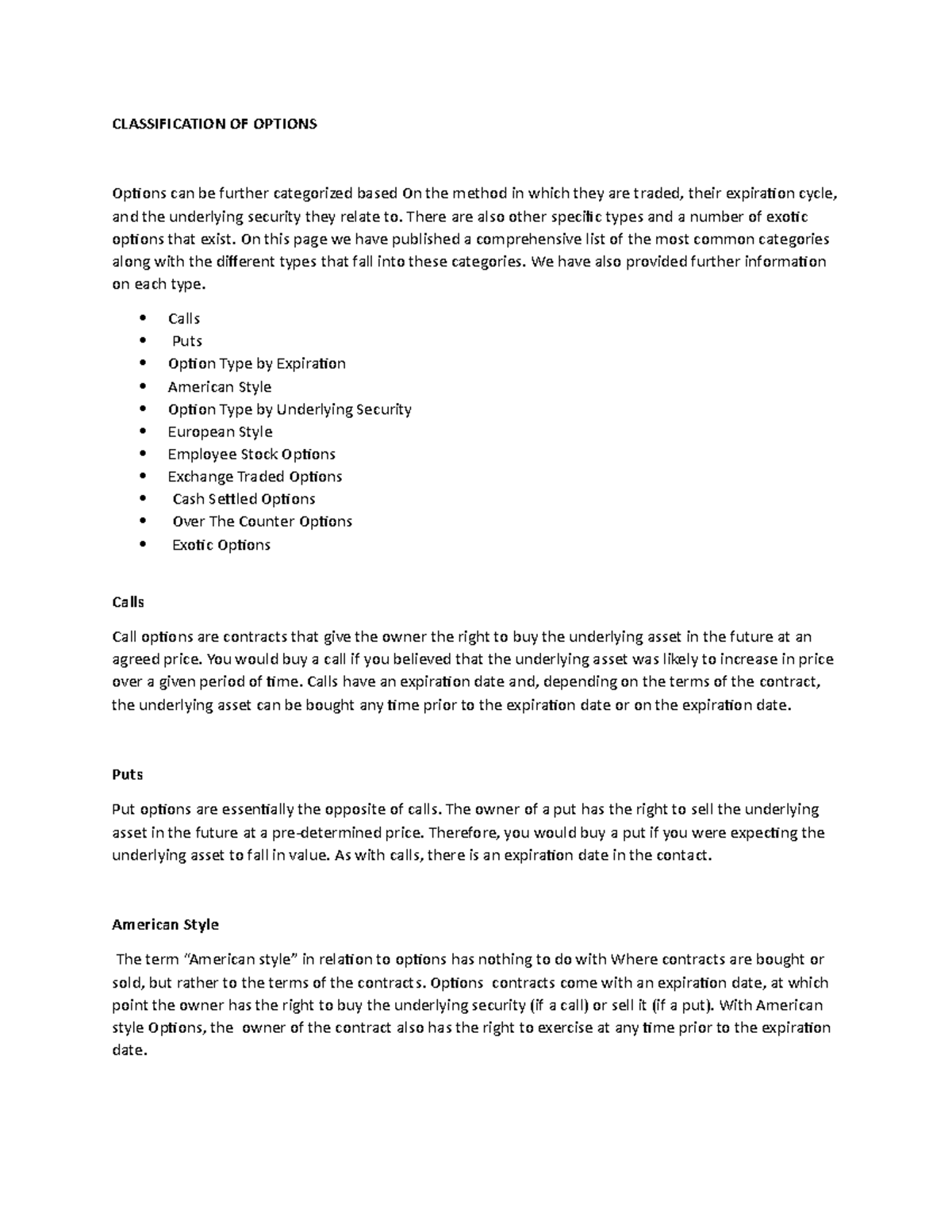 Classification of options - CLASSIFICATION OF OPTIONS Options can be ...