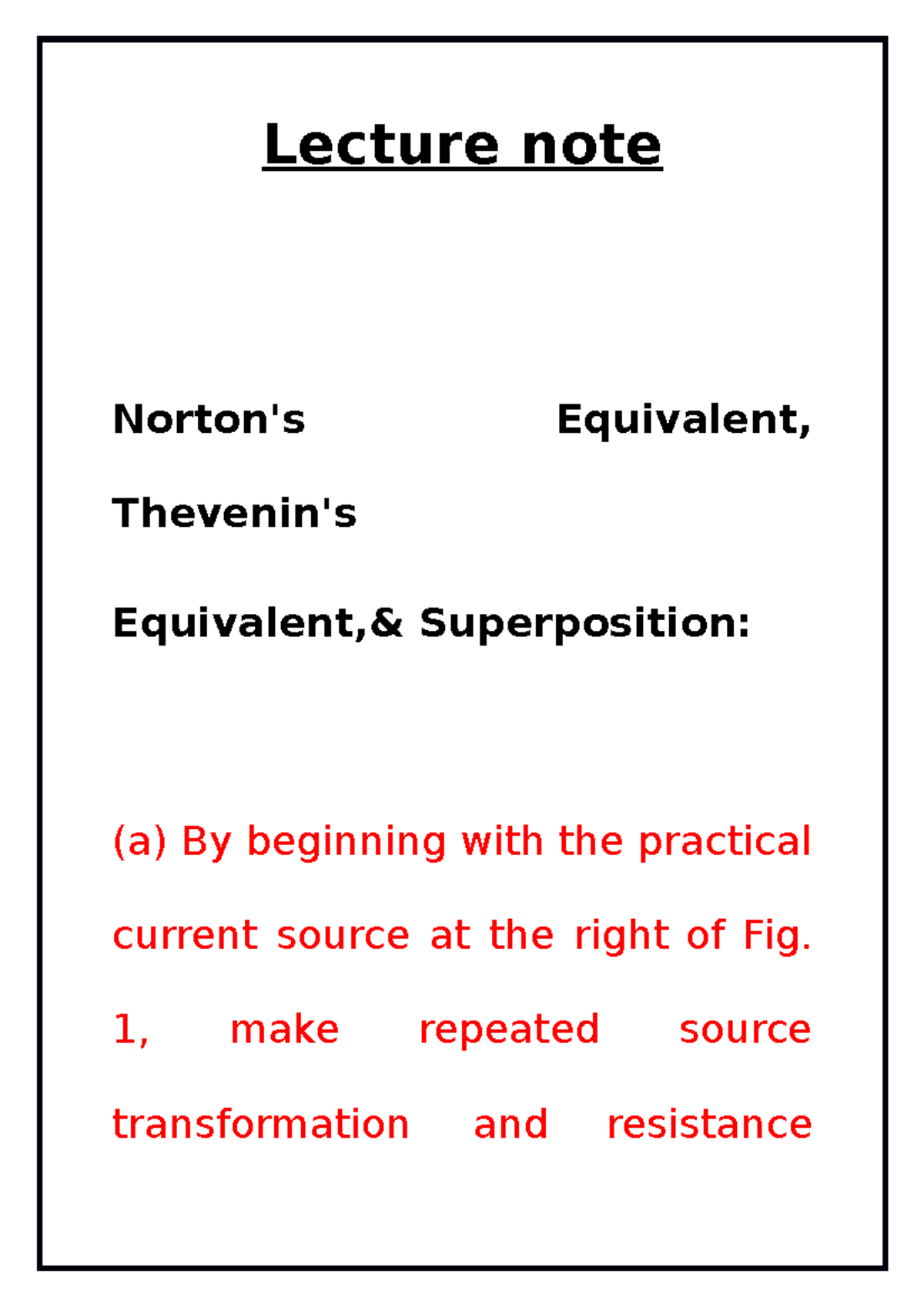 Lecture note of Norton's Equivalent, Thevenin's - Lecture note Norton's ...