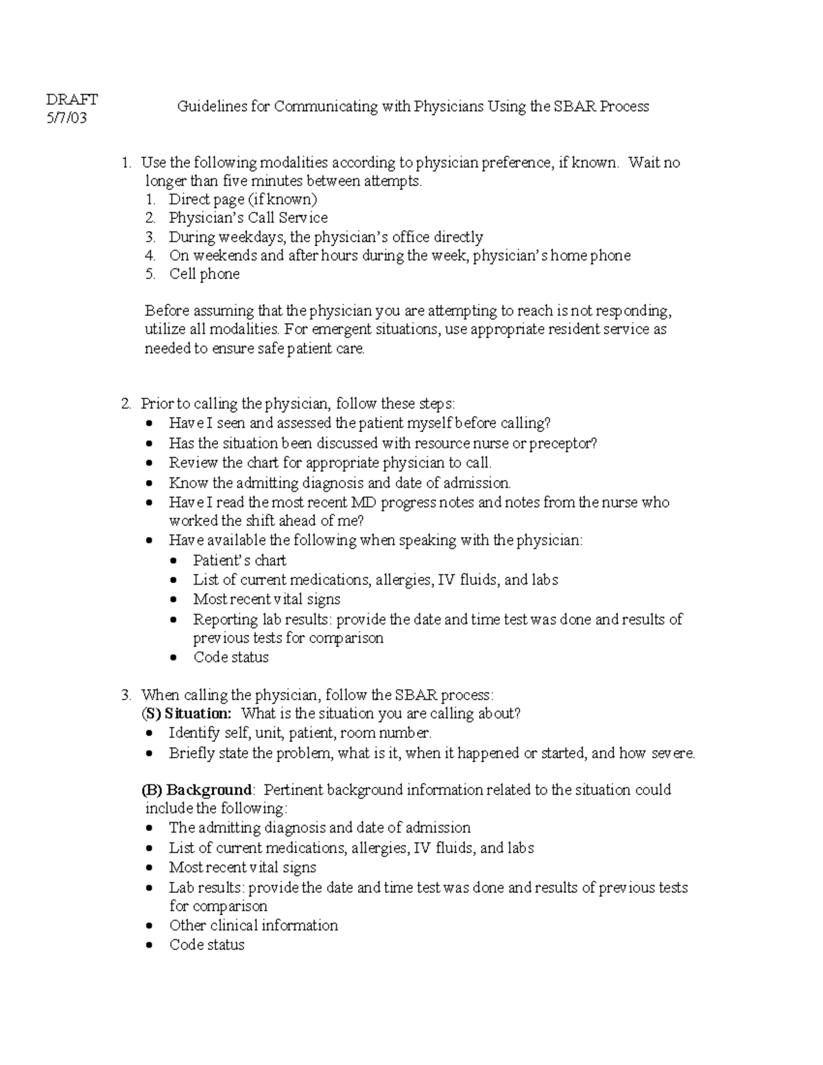 Sbarguidelines Final - sbar for nursing - Guidelines for Communicating ...