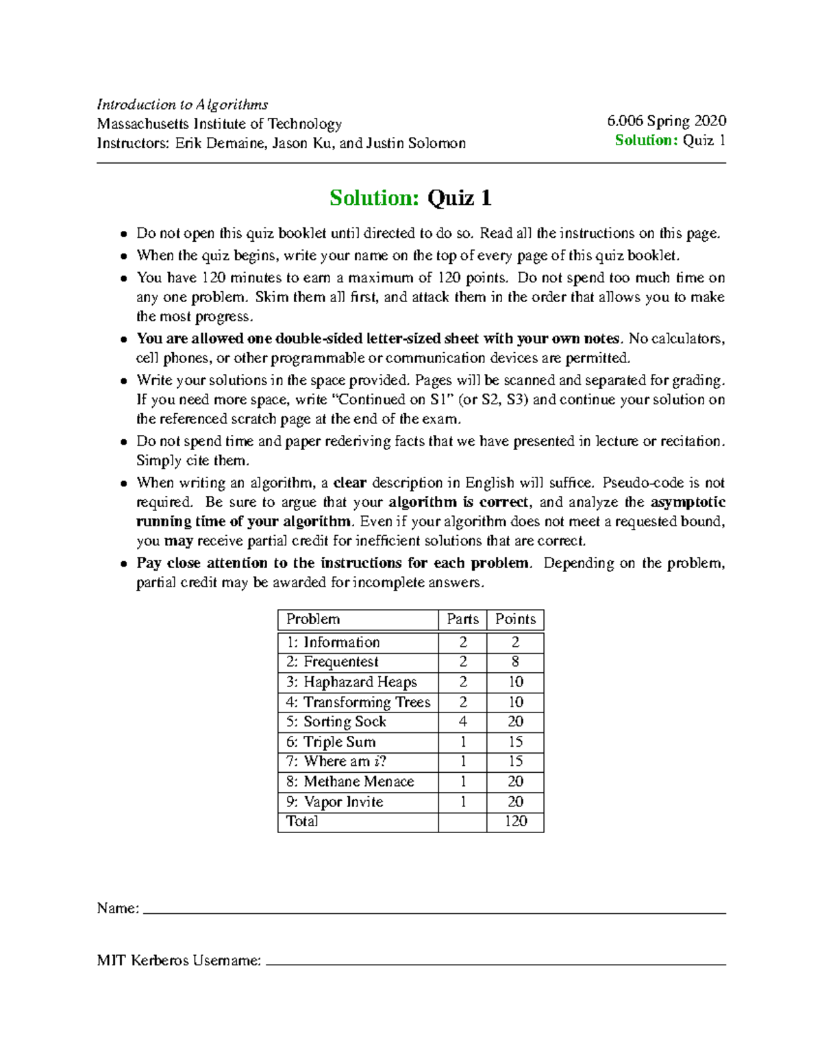 Solution- Quiz 1 - n/a - Introduction to Algorithms Massachusetts ...