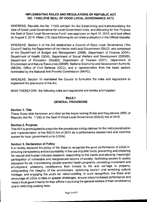 LGU CODE Republic ACT NO - Republic Act No. 7160 October 10, 1991 - Studocu