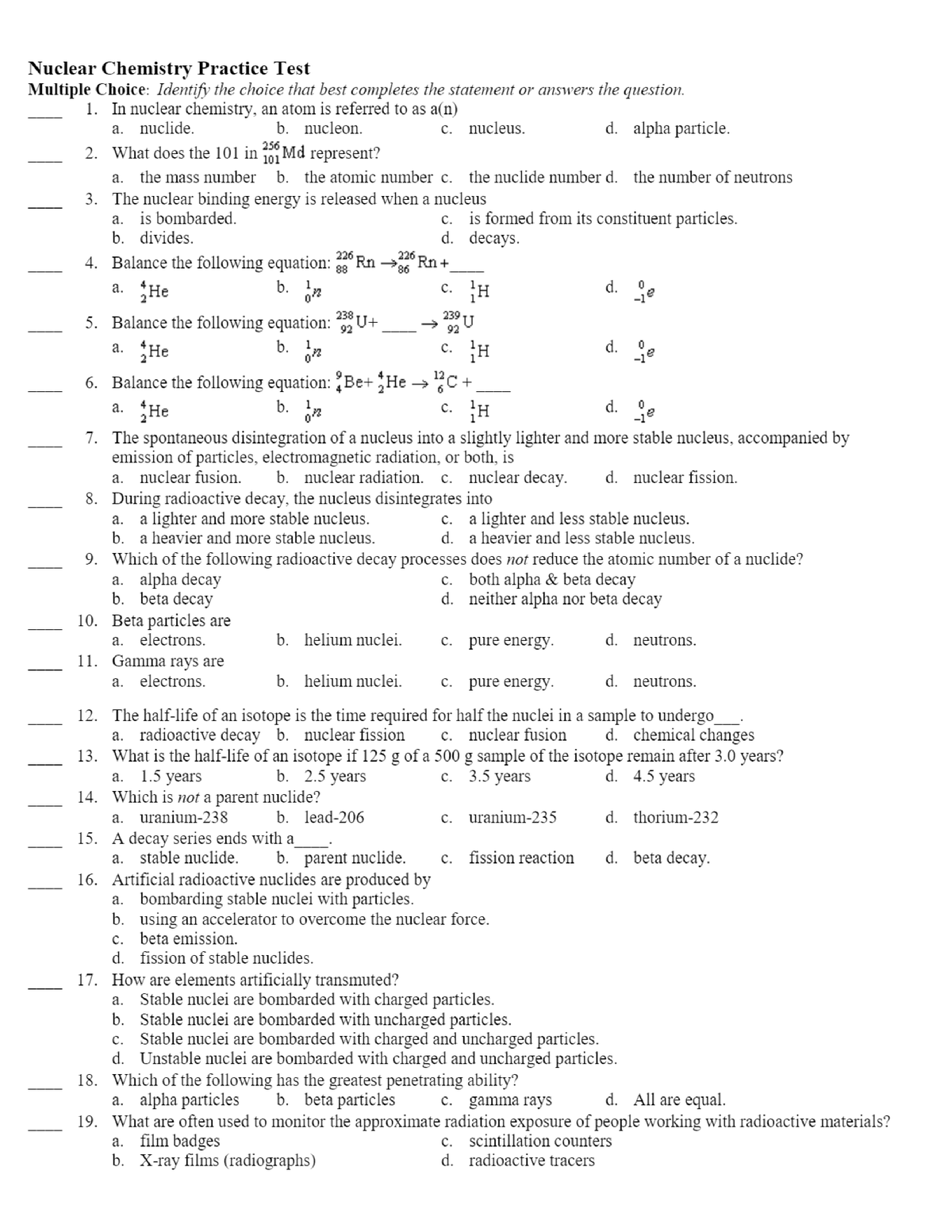 Nuclear Chemistry Practice Test Multiple Choice Identify The Choice ...