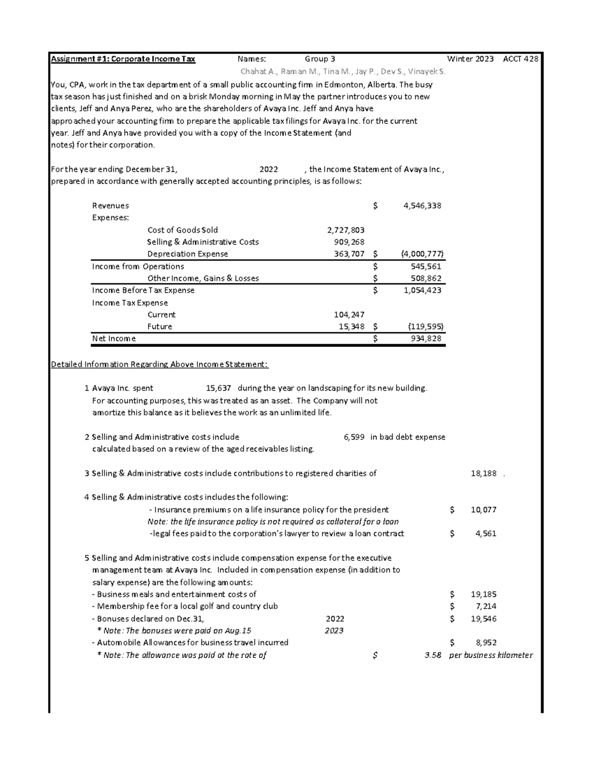 Acct 428 Assignment #1 Winter 2023 For Group 3 - Assignment #1 