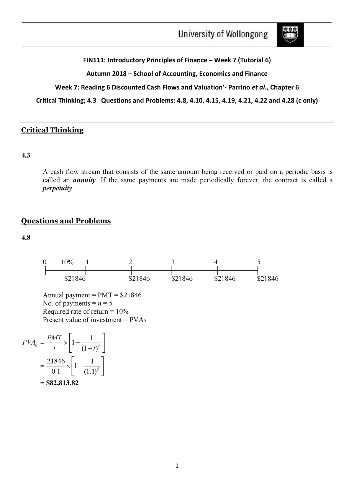 FIN111 Tutorial Solution Week7 Std - - Studocu