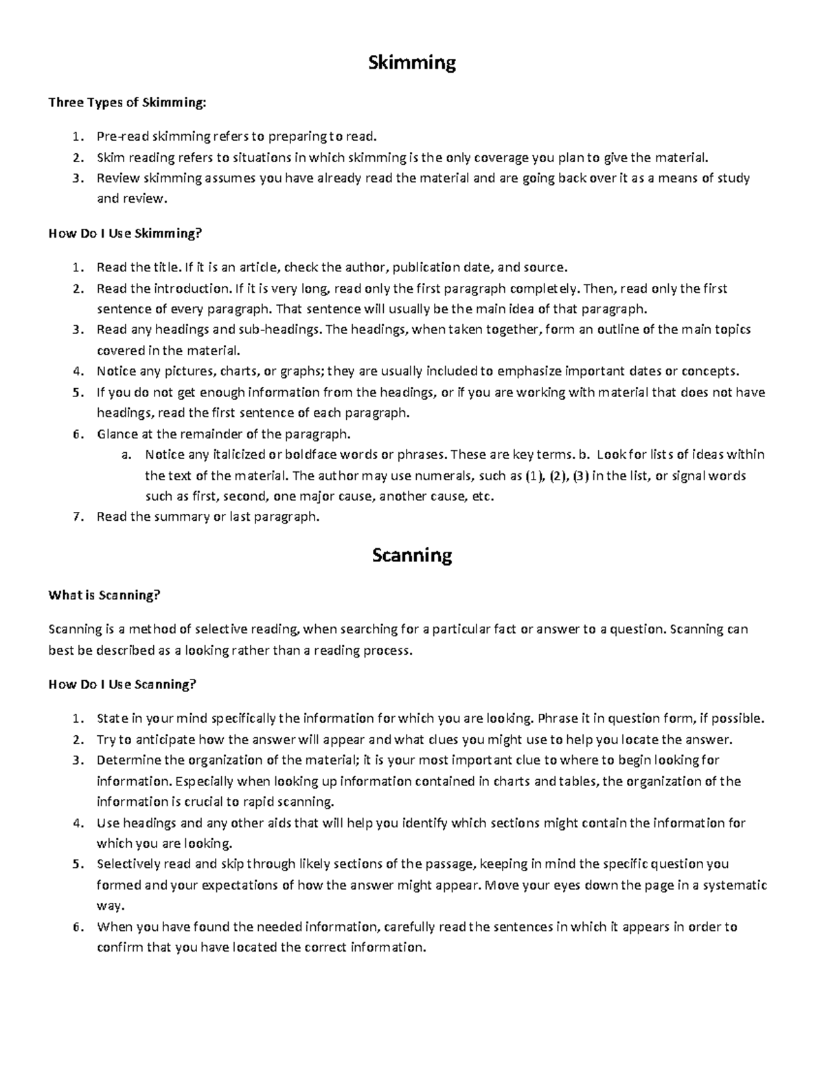 Skimming & Scanning Handout Skimming Three Types of Skimming Pre
