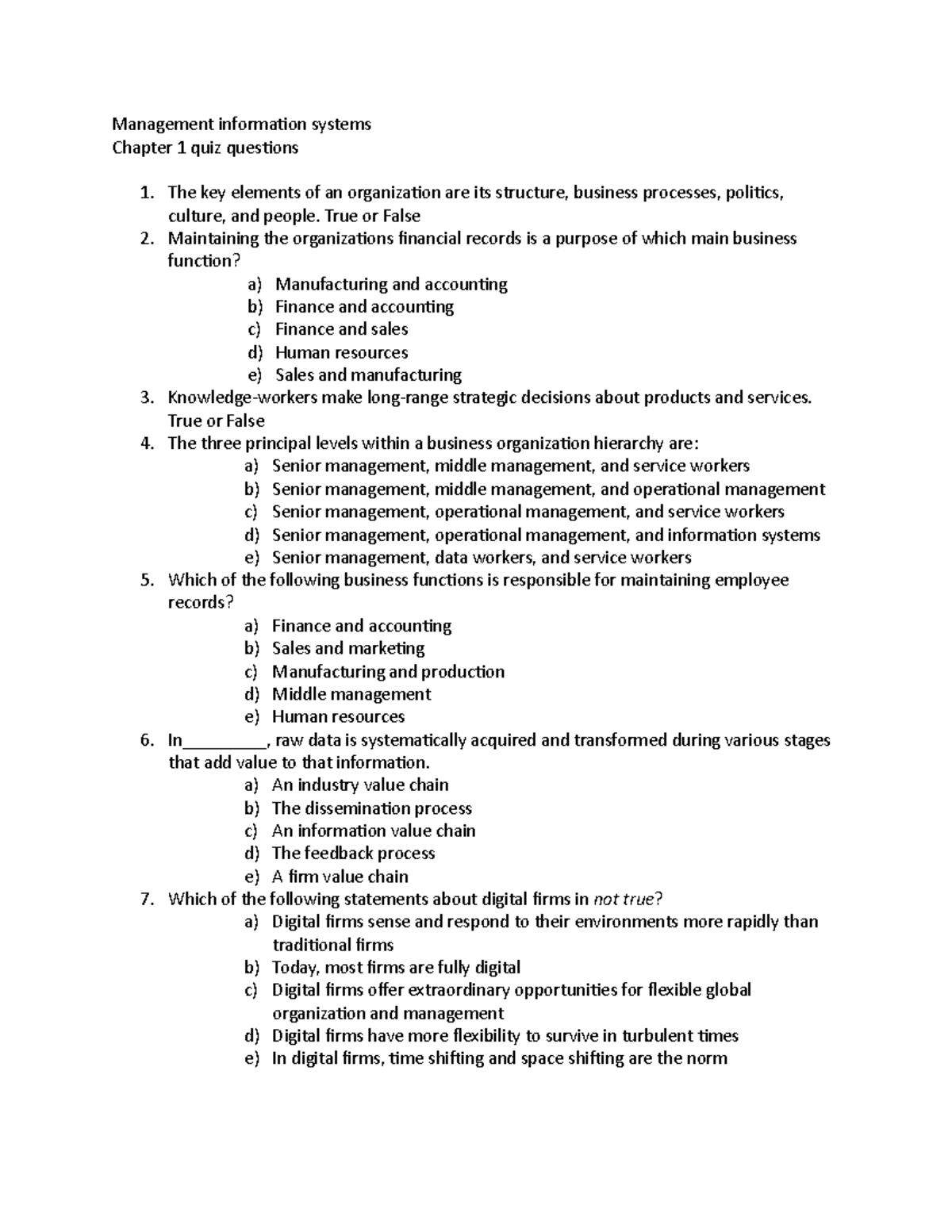 MIS Chapter 1 Quiz - Management Information Systems Chapter 1 Quiz ...