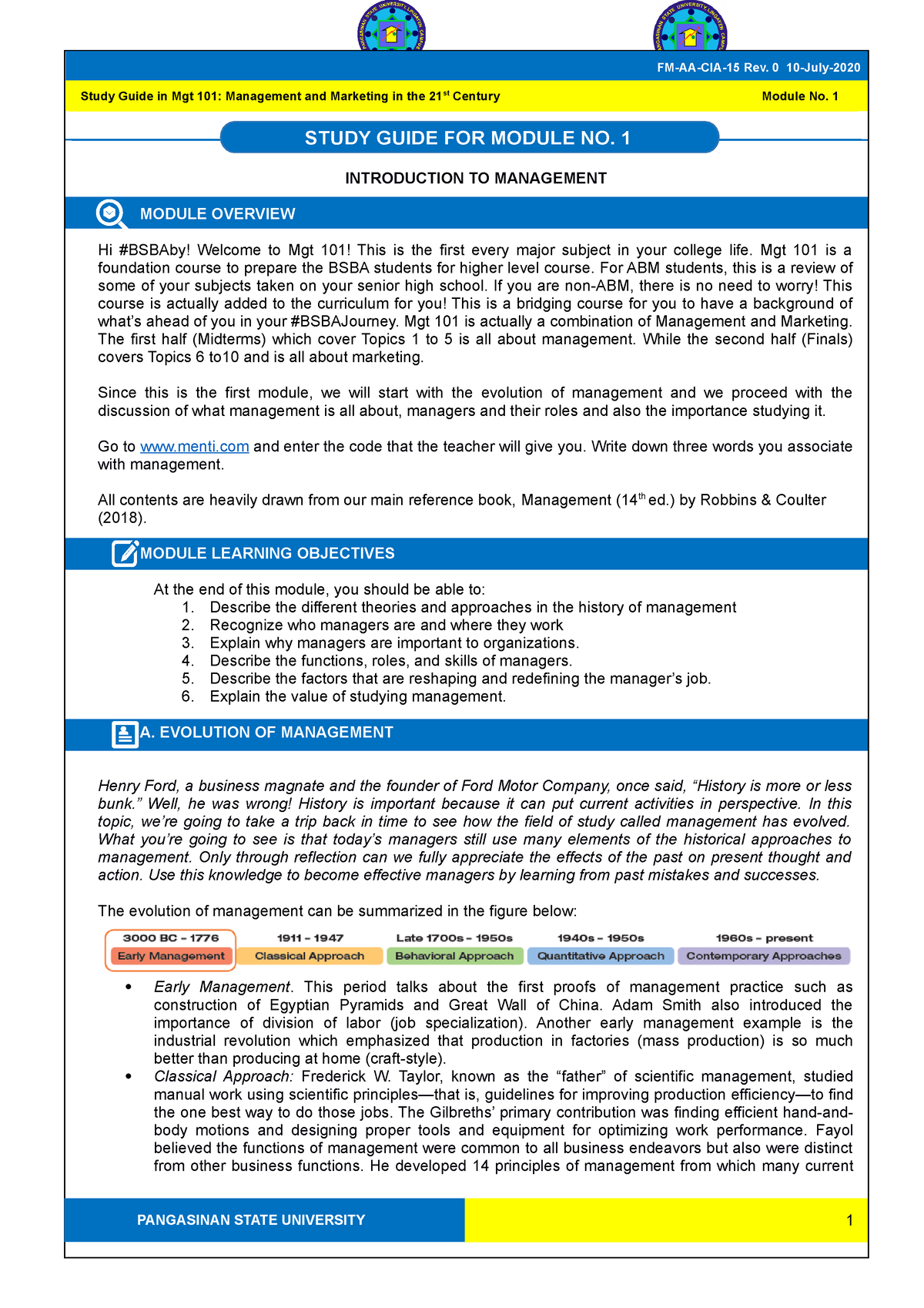 Mgt 101 Sg 1 - Modules - Introduction To Management Module Overview Hi 