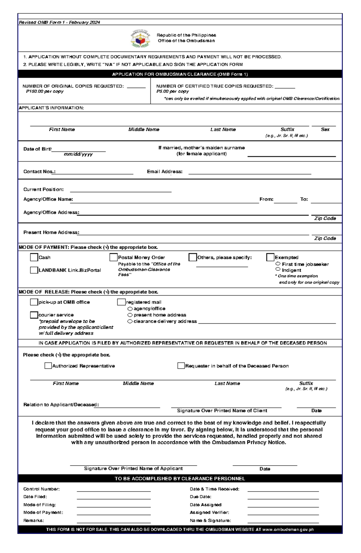 OMB Form 1 - Application for Ombudsman Clearance - Revised OMB Form 1 ...