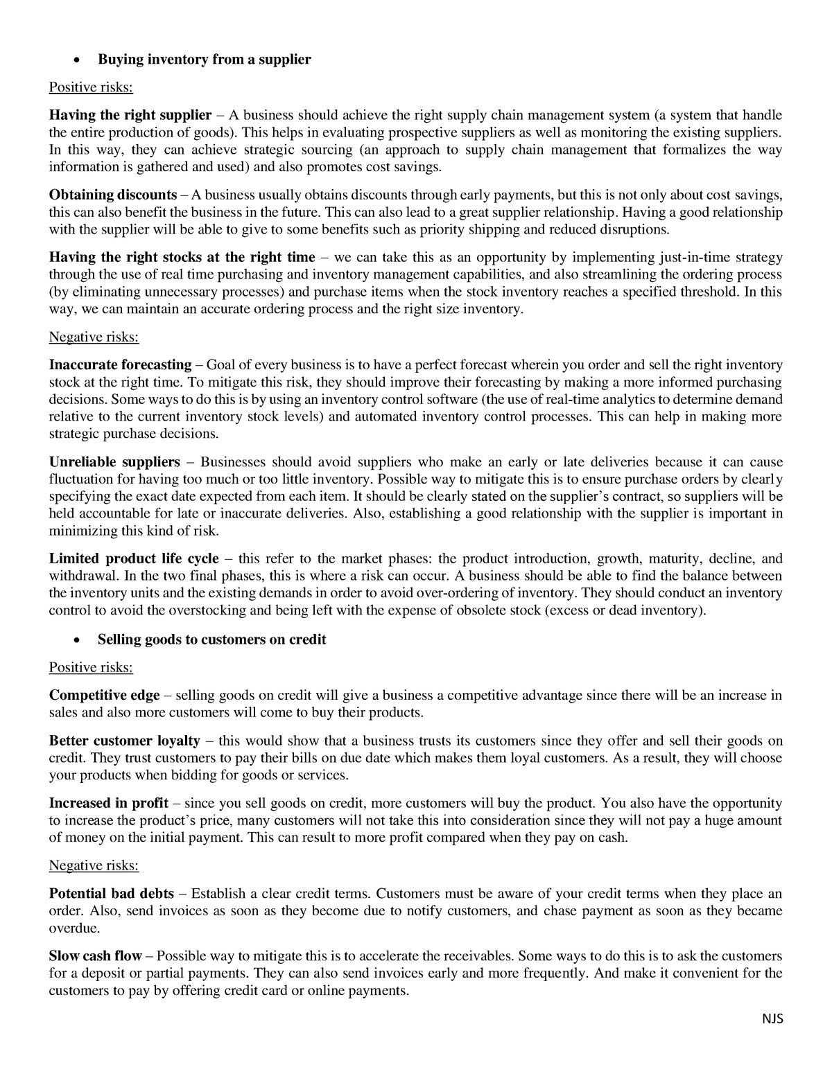 20. positive and negative risks - NJS Buying inventory from a supplier ...