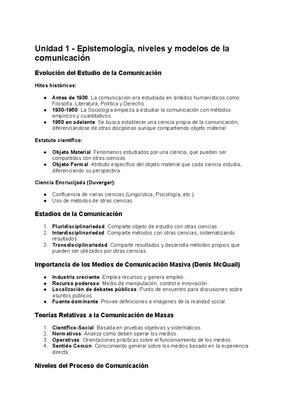 Final teoria de la com - Unidad 1 - Epistemología, niveles y modelos de ...