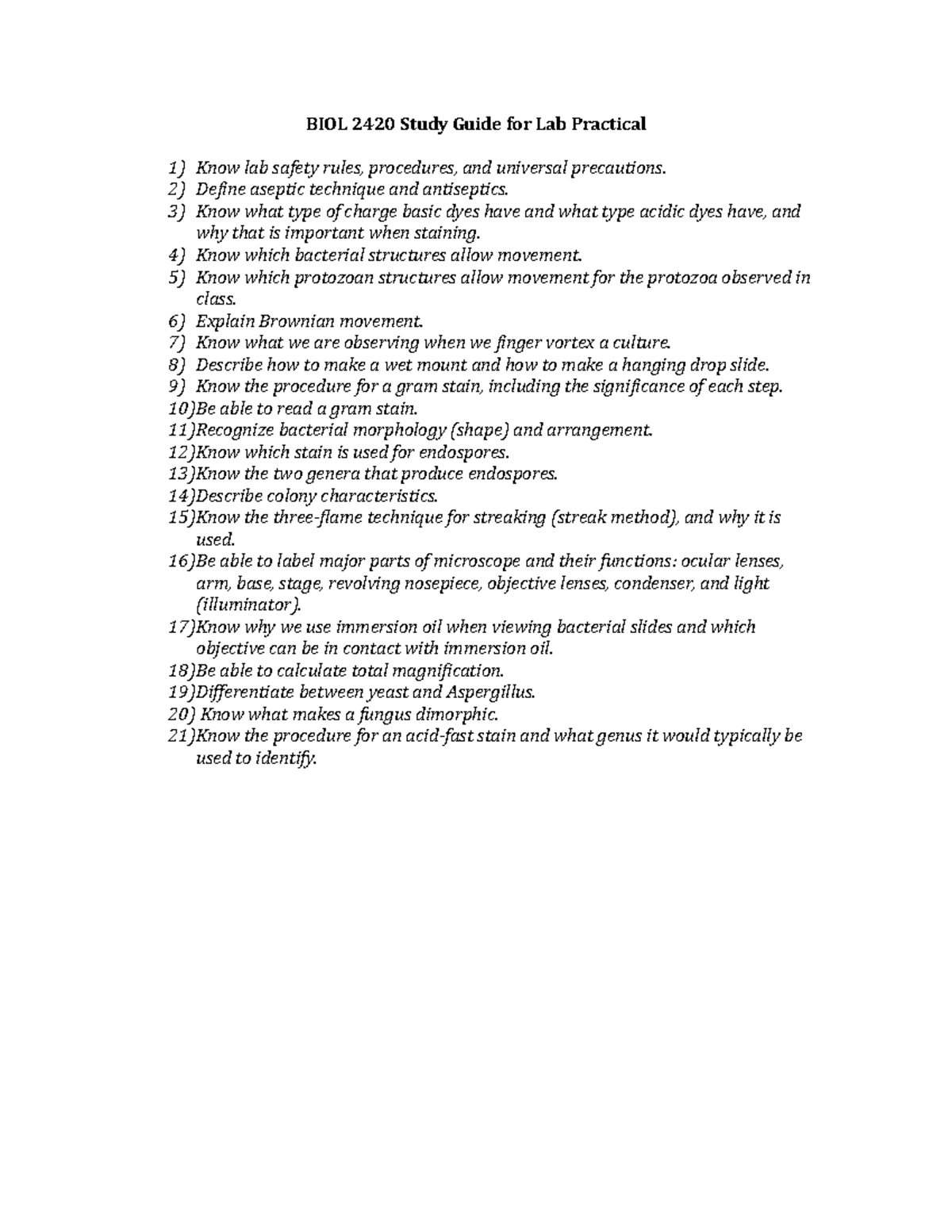 BIOL 2420 Study Guide for Lab Practical BIOL 2420 Study Guide for Lab