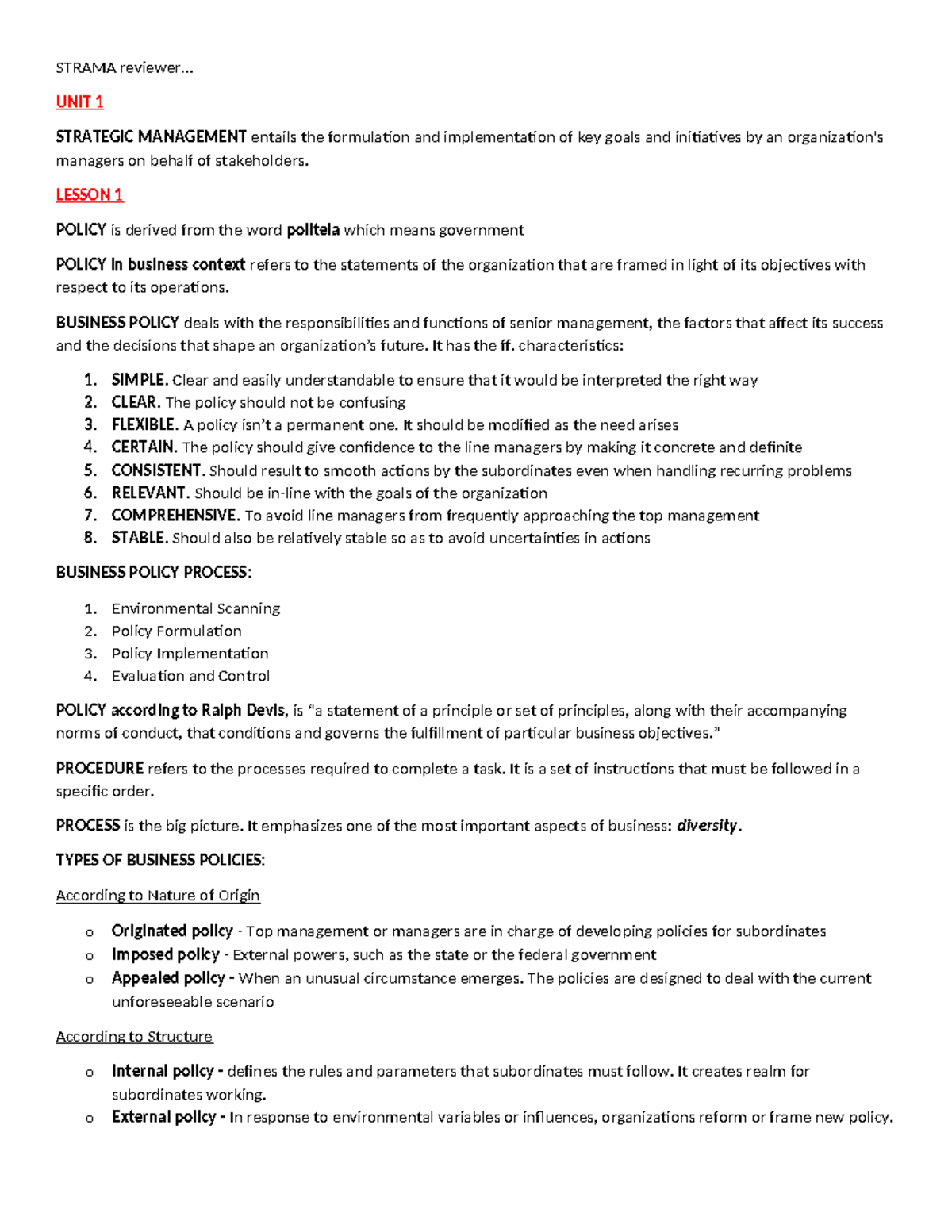 Strategic Management - STRAMA reviewer... UNIT 1 STRATEGIC MANAGEMENT ...