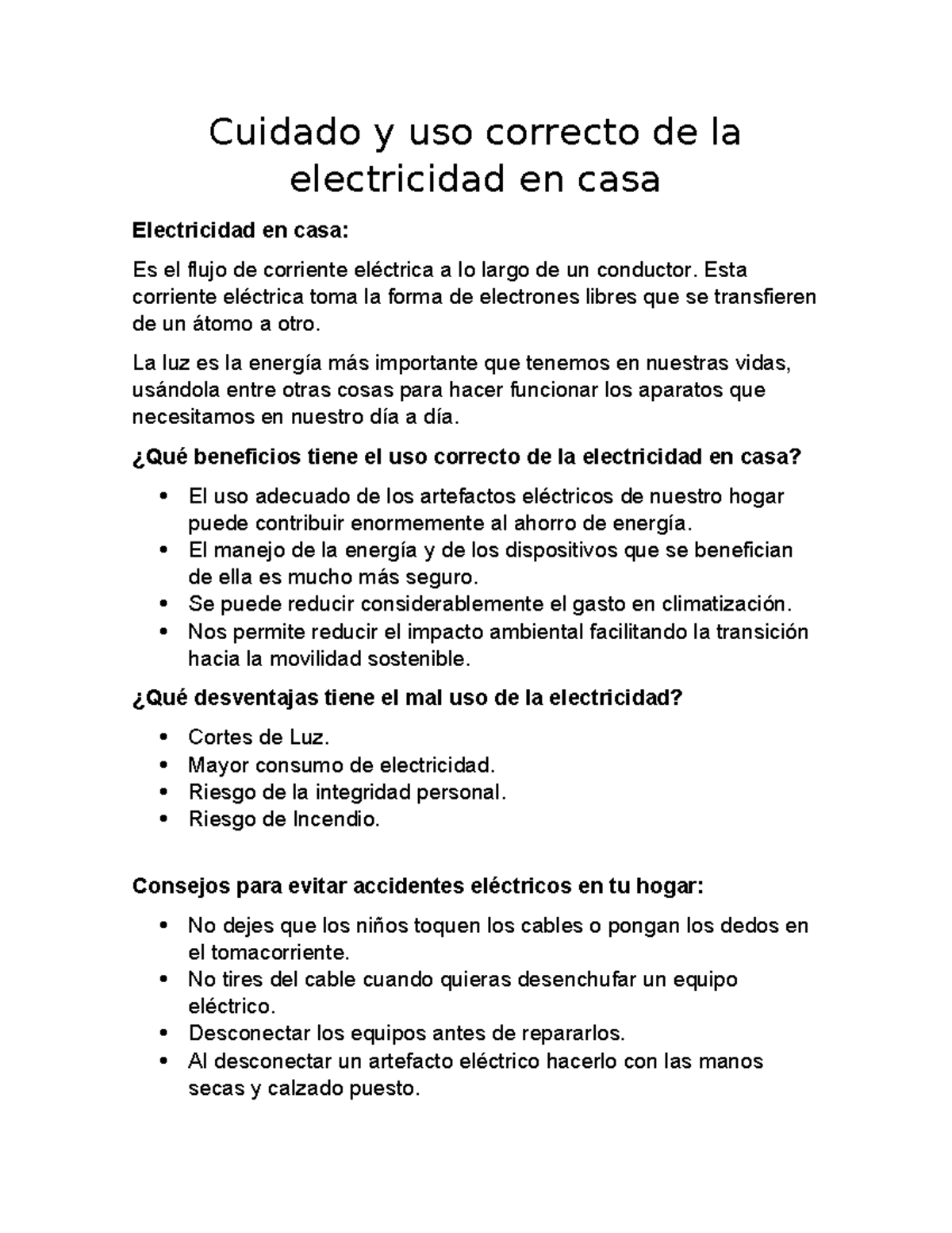 Cuidado y uso correcto de la electricidad en casa - Cuidado y uso ...