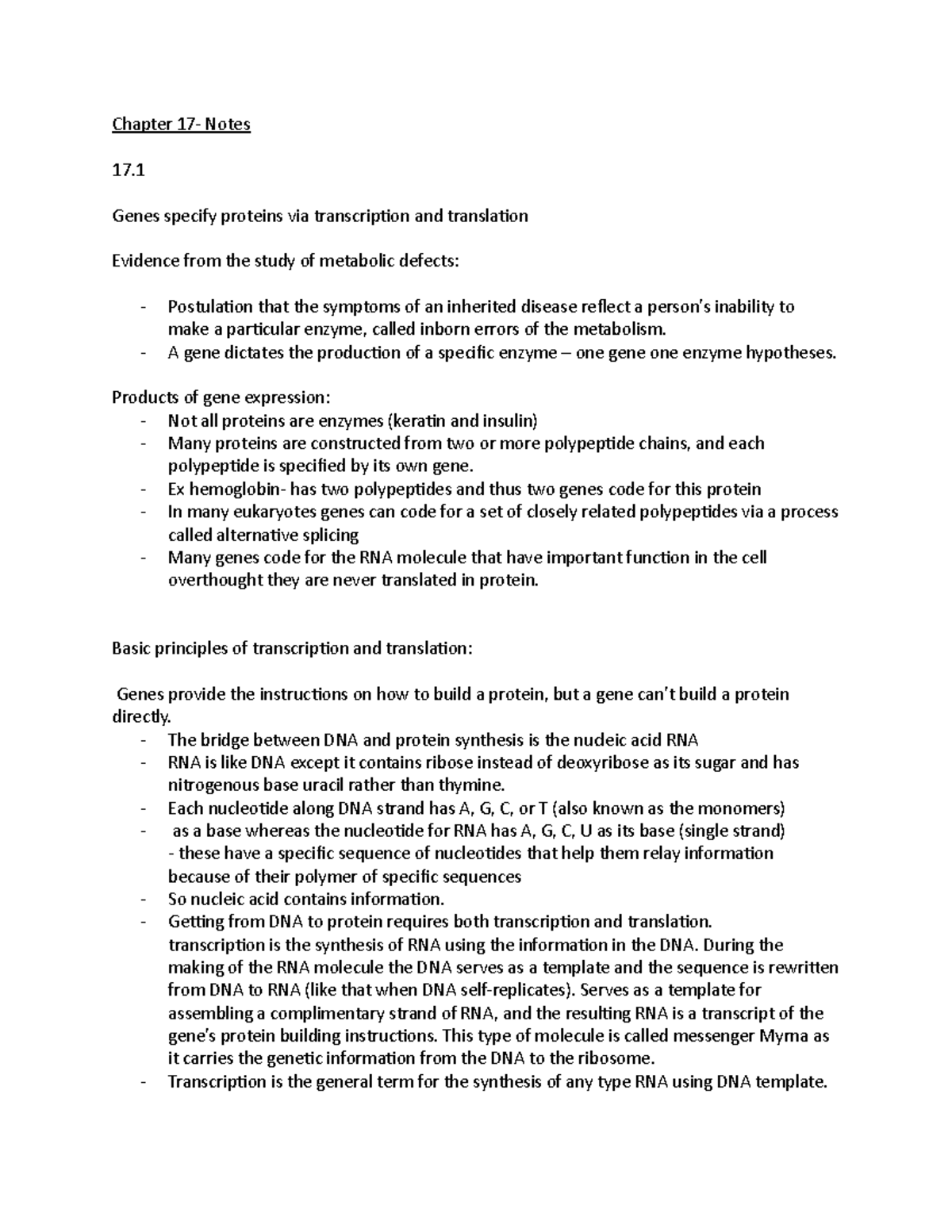 Chapter 17 Notes Bio Book - Chapter 17- Notes Genes Specify Proteins ...