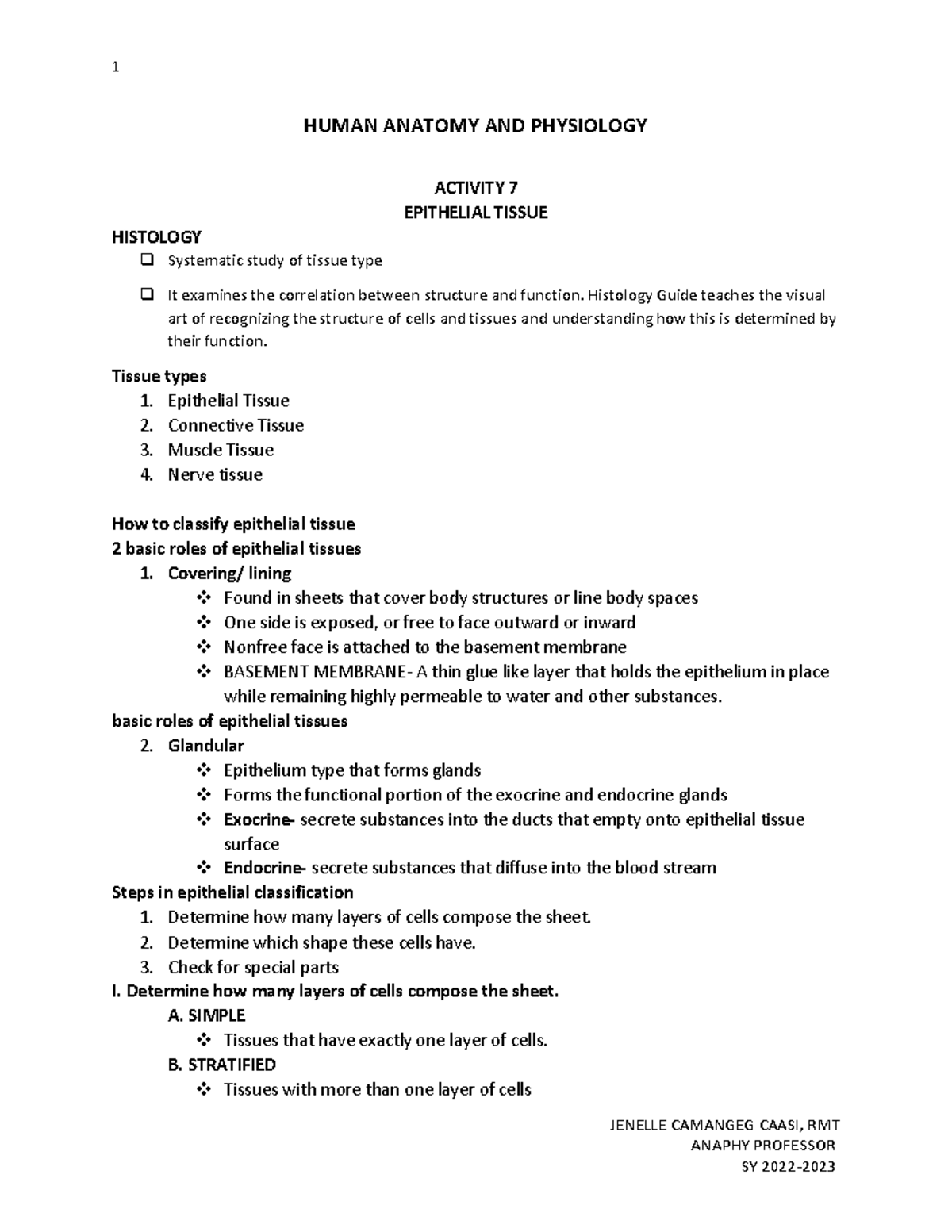 Activity 7 Epithelial Tissue Handout - 1 Jenelle Camangeg Caasi, Rmt 