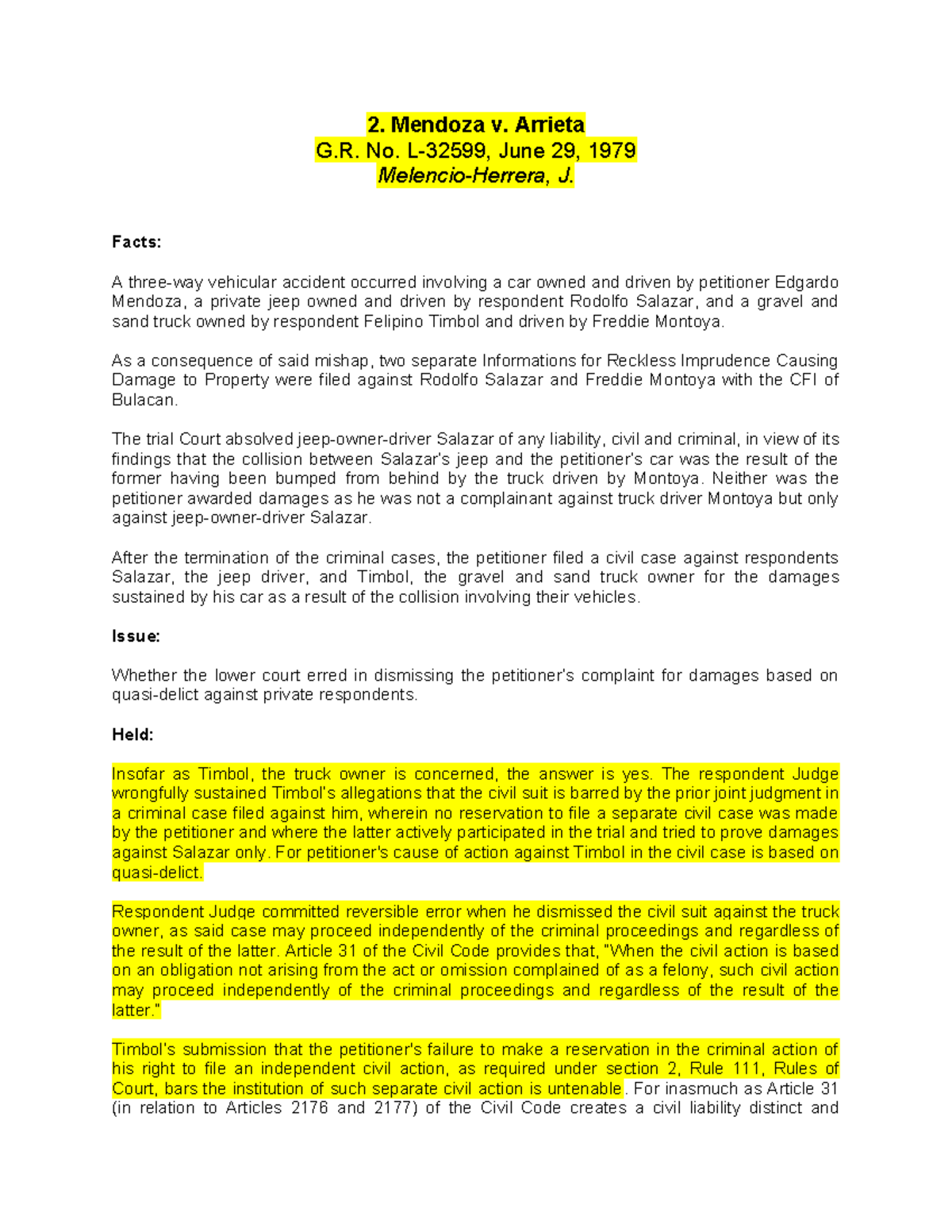 2 - Mendoza V Arrieta - 2. Mendoza V. Arrieta G. No. L-32599, June 29 ...