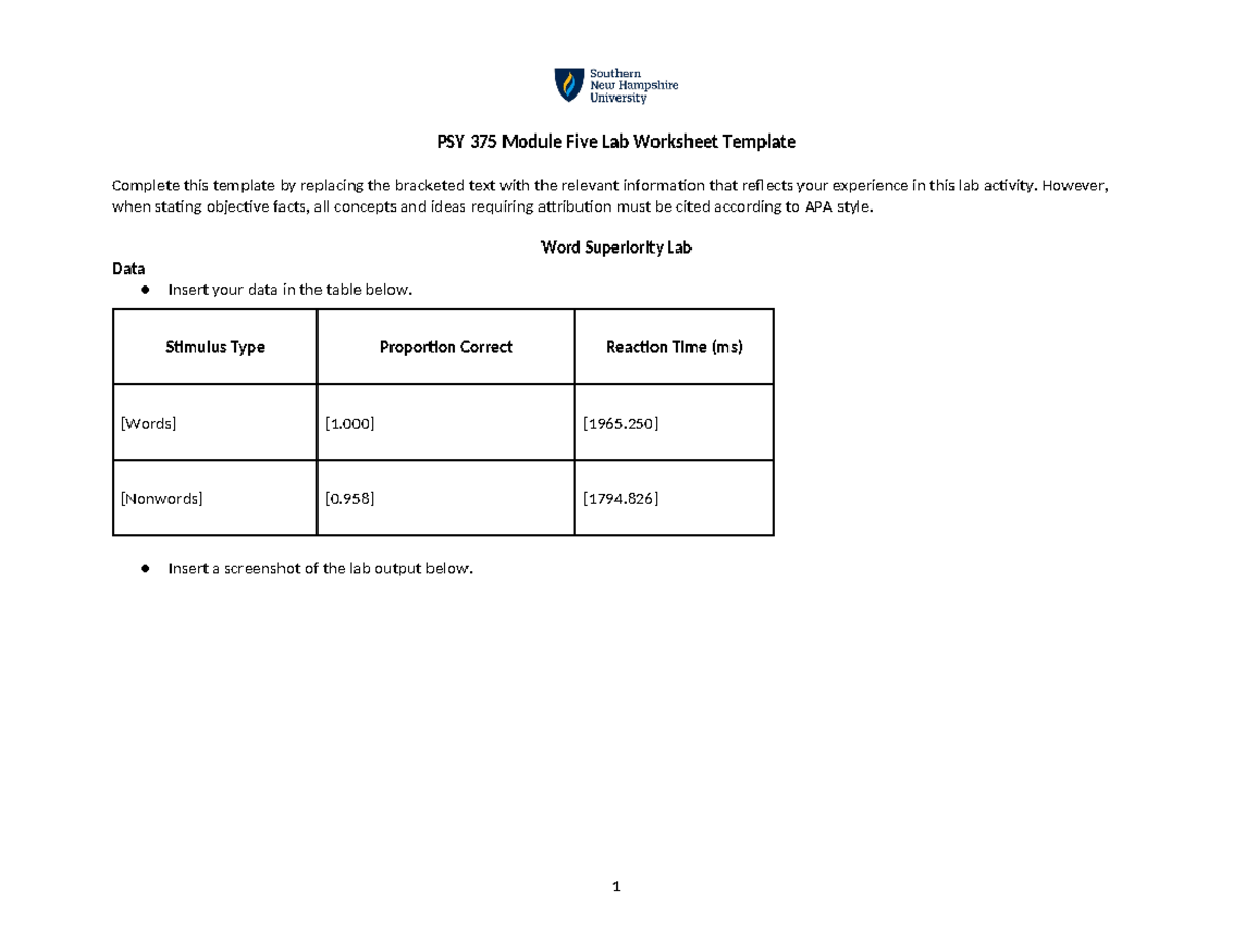 Mod 5 Wk sheet - PSY 375 Module Five Lab Worksheet Template Complete ...