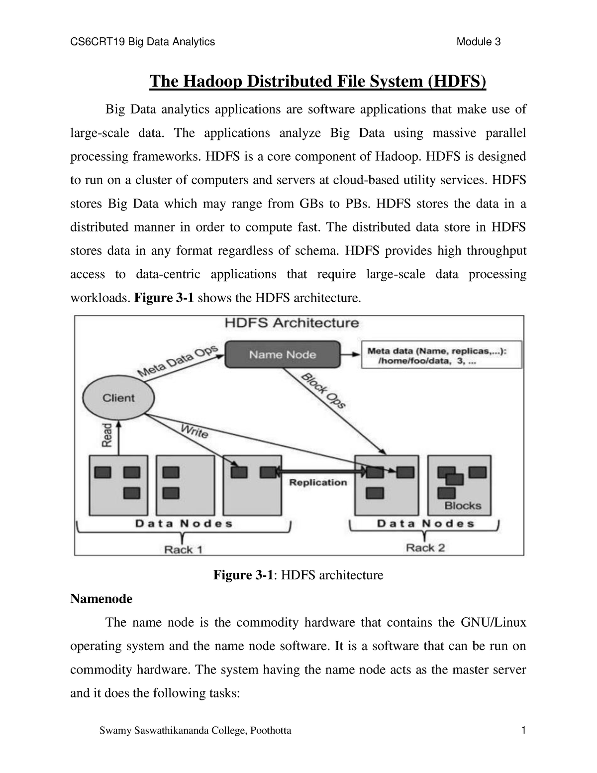 Module 3 Session 3 HDFS - HDFS Notes - CS6CRT19 Big Data Analytics ...