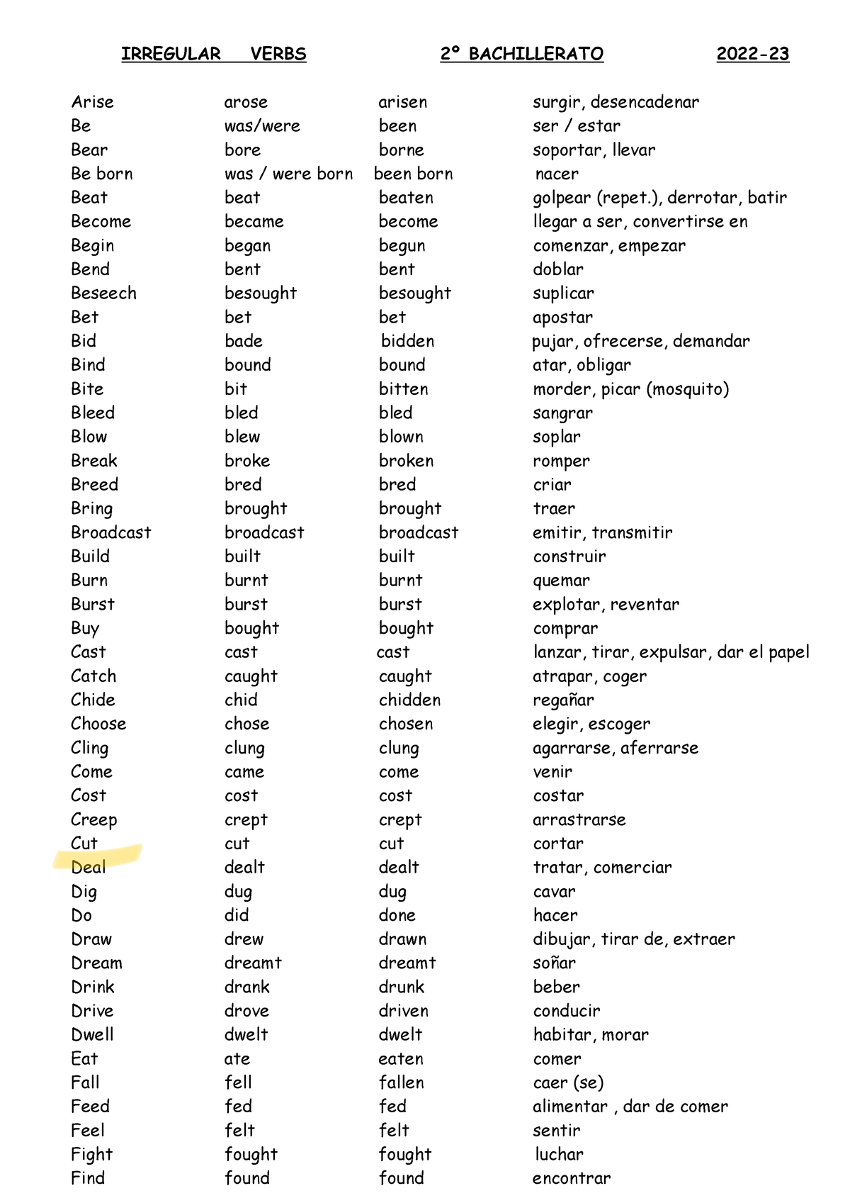 Verbos Irregulares - Hola - IRREGULAR VERBS 2º BACHILLERATO 2022 -2 3 ...