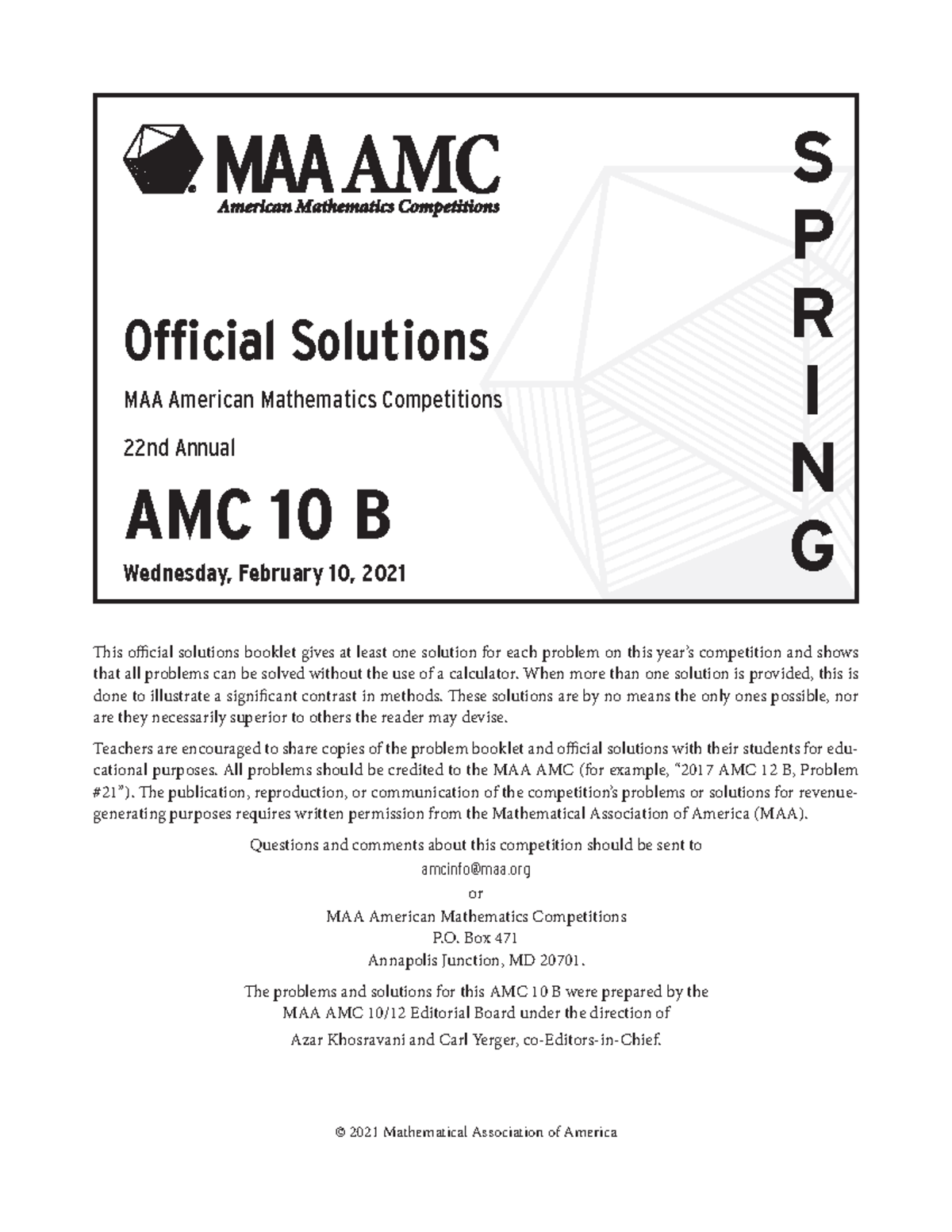 2021 AMC10B Solutions This official solutions booklet gives at least