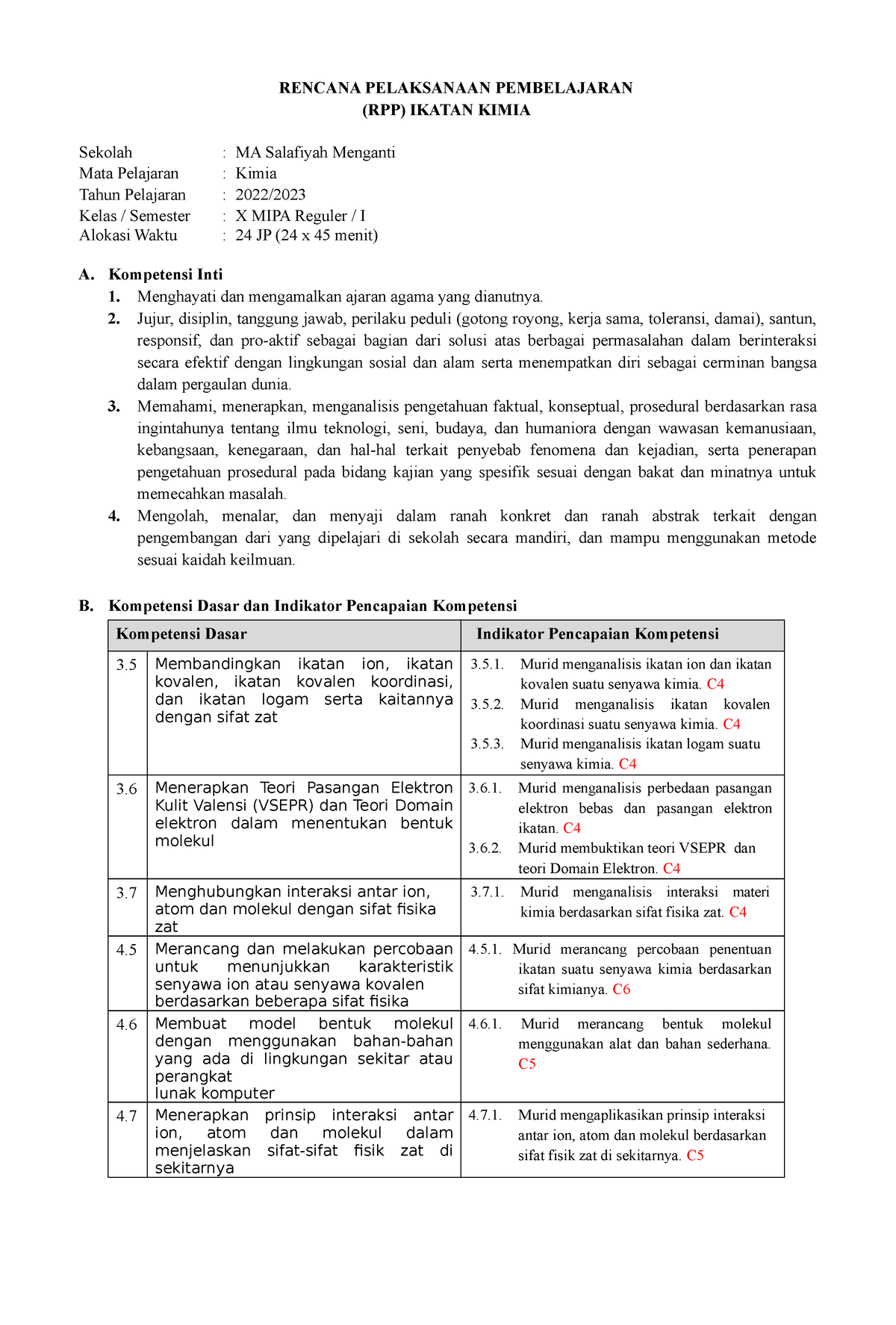 03 RPP Kimia - X - 1 - Ikatan Kimia - RENCANA PELAKSANAAN PEMBELAJARAN ...