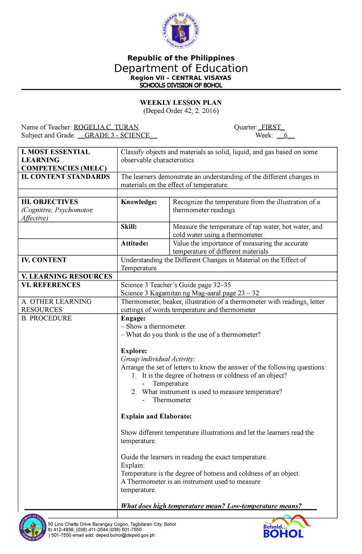 Science 3 Q1 Week 6 WLP - Answeer - Republic Of The Philippines ...