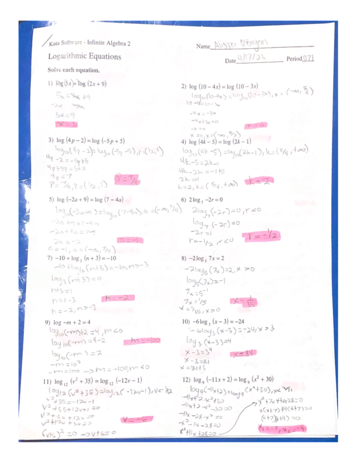 MAT 071 - Log Equations - This is homework for MAT 171 - MAT 171 - Studocu