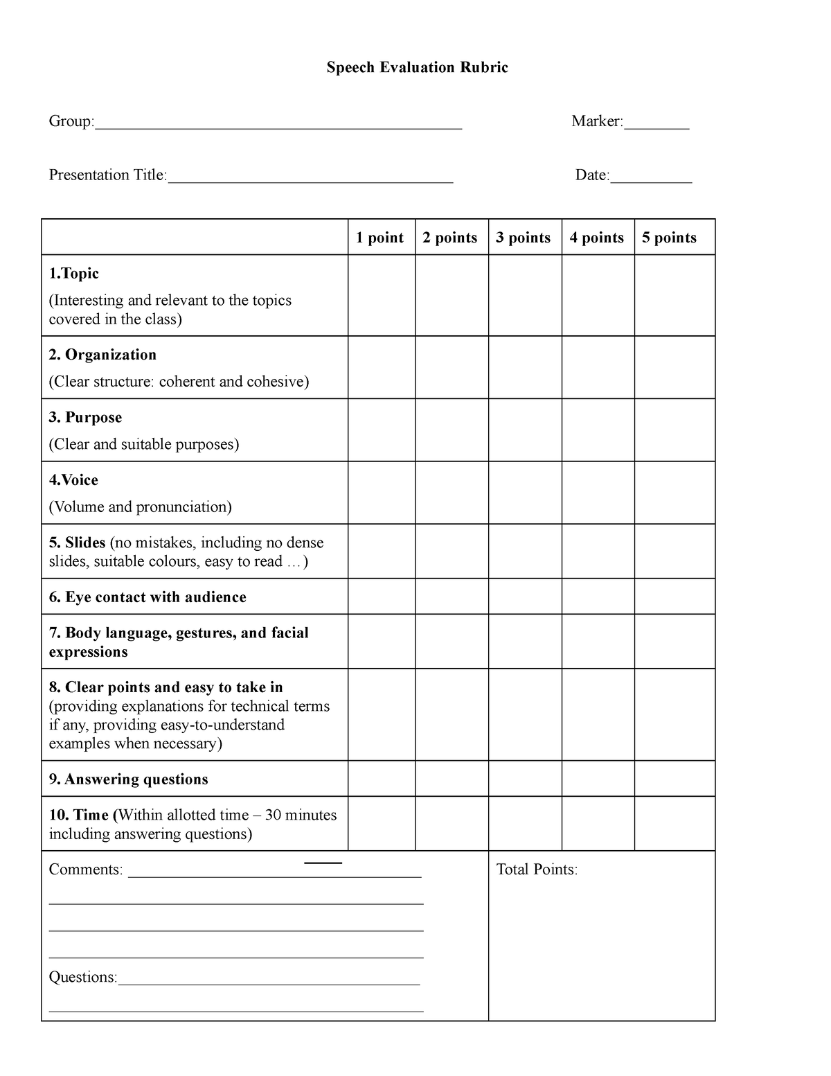 Rubric for marking public speaking - Final - Speech Evaluation Rubric ...