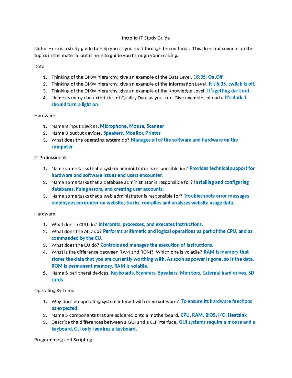 C182 - notes for a study guide - Intro to IT Study Guide Note: Here is ...