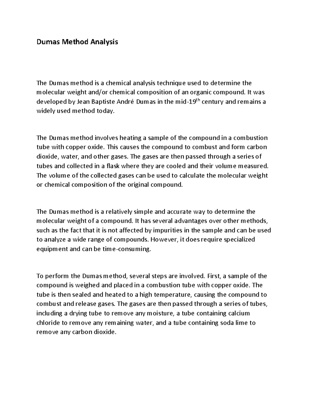 Dumas Method Analysis Shivani mem Dumas Method Analysis The Dumas