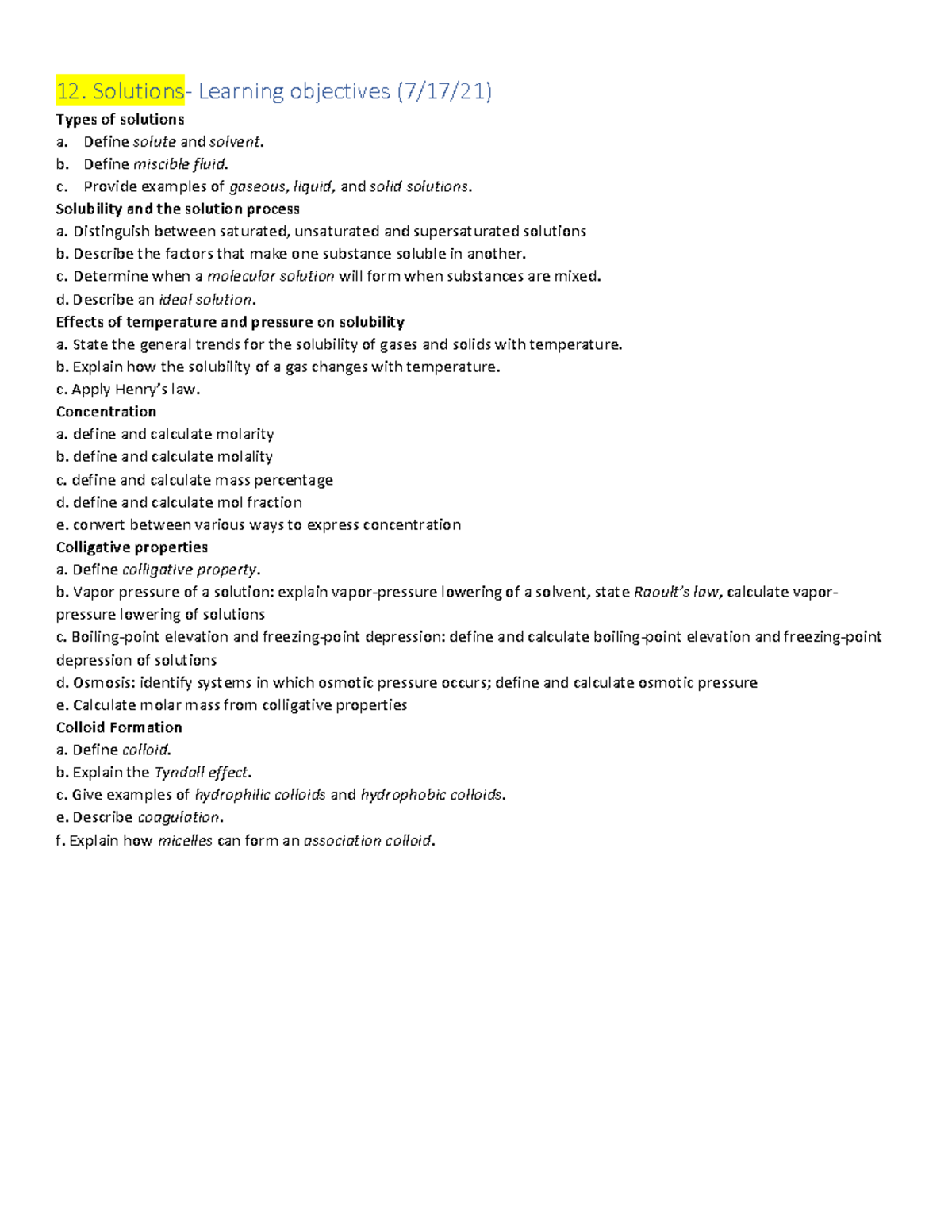 Learning objectives- ch 12 - 12. Solutions- Learning objectives (7/17 ...