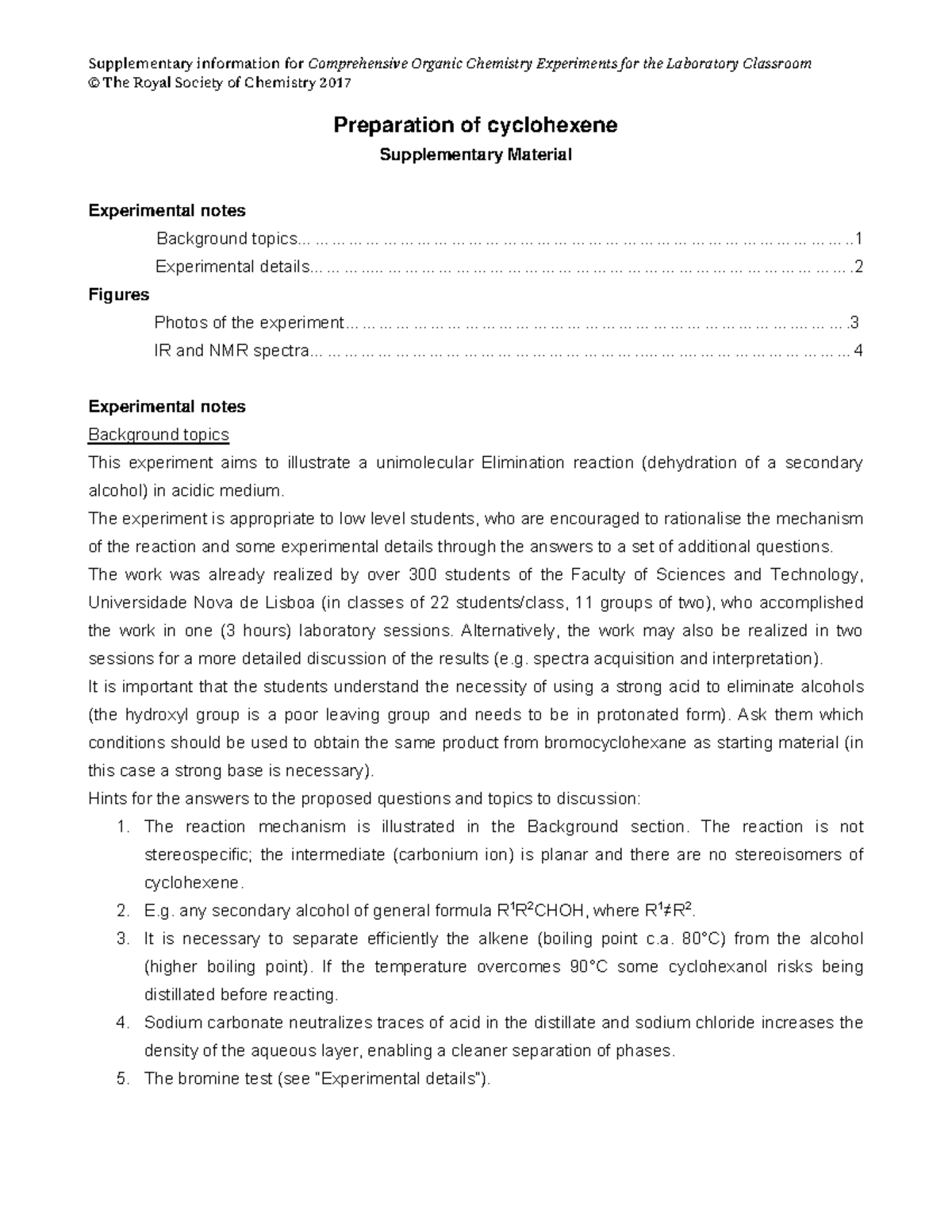 preparation of cyclohexene from cyclohexanol experiment