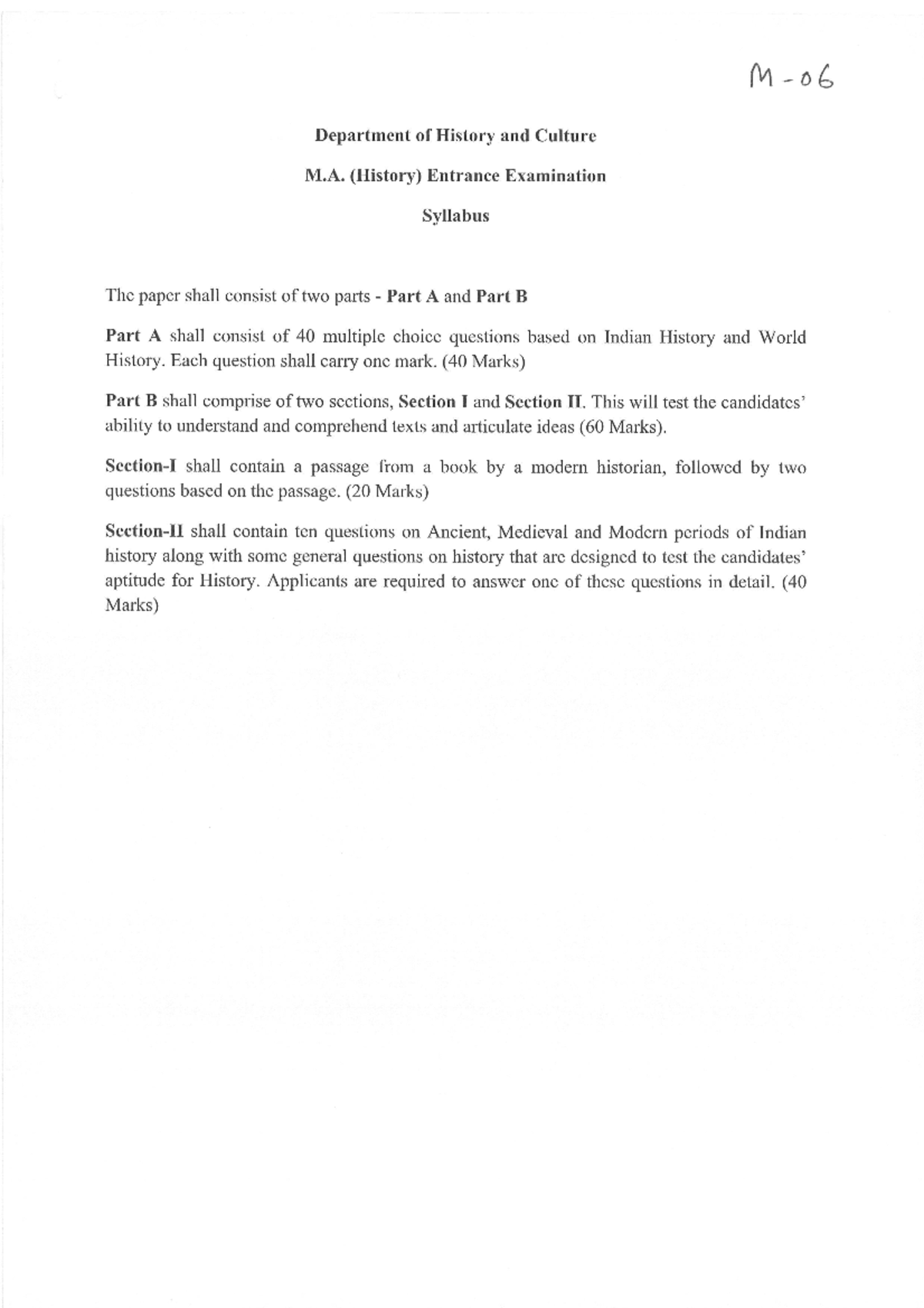 Syllabus jmi M 06 Department of History and Culture M. (History) Entrance Examination Syllabus