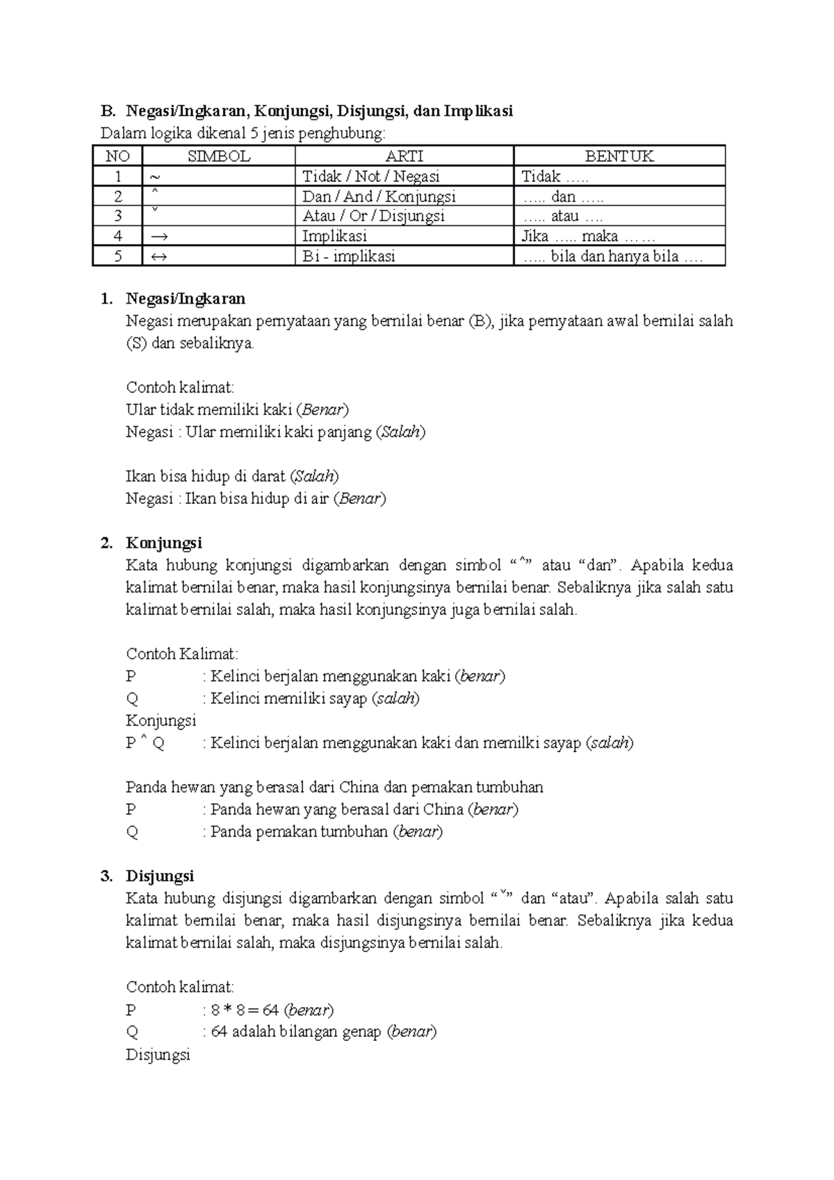 BAB 1 - Yes - B. Negasi/Ingkaran, Konjungsi, Disjungsi, Dan Implikasi ...