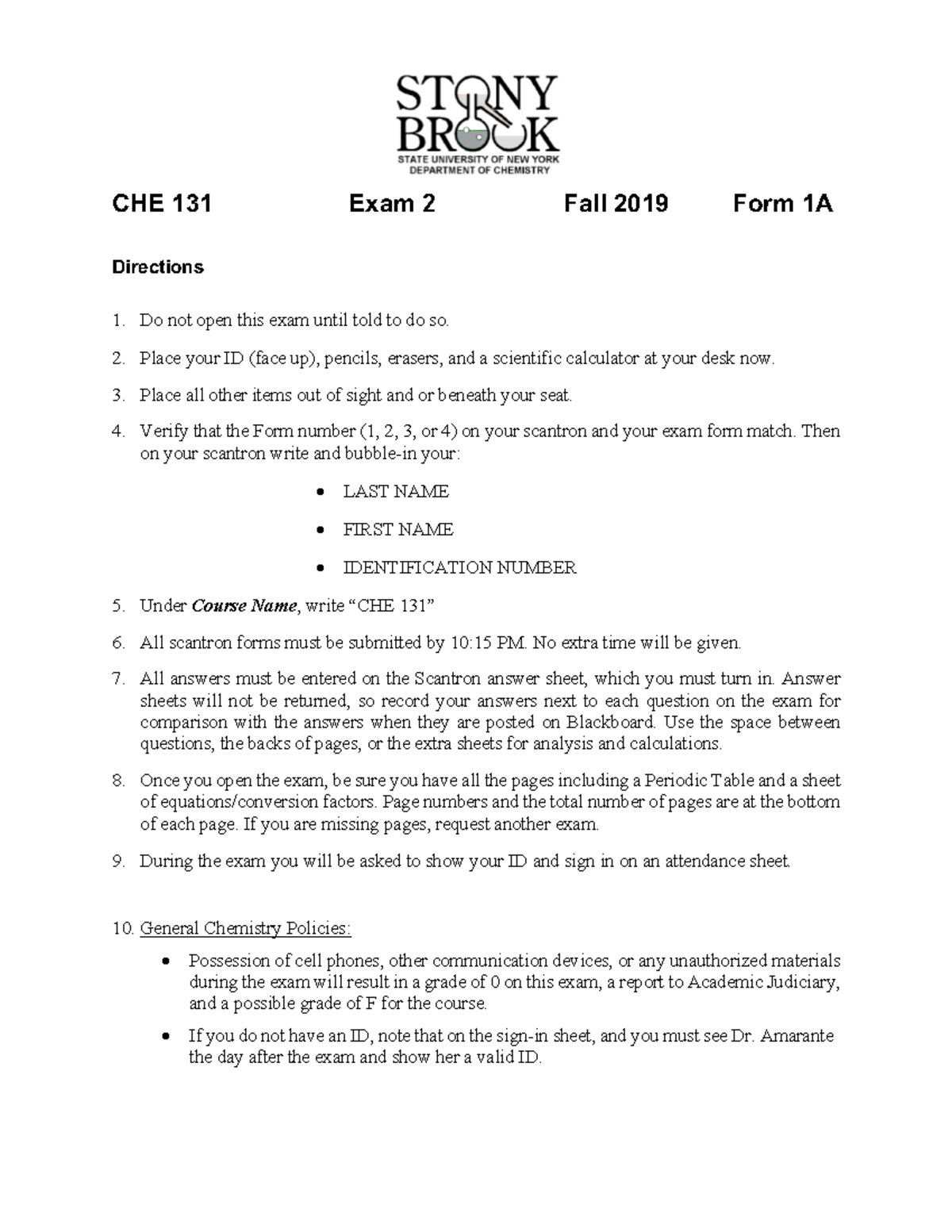 Test2-F19 - test fall 2019 exam 2 - CHE 13 1 Exam 2 Fall 2019 Form 1A ...