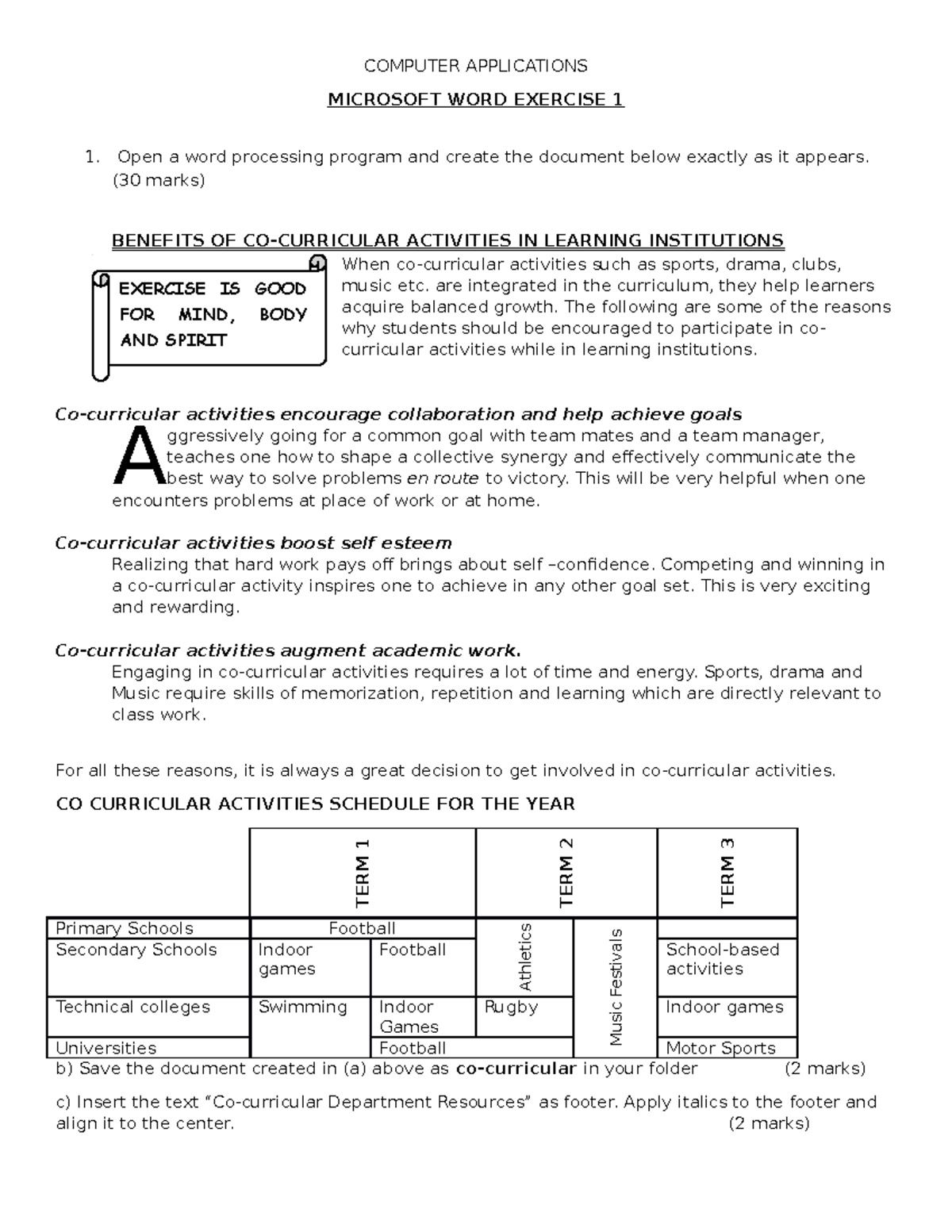 Ms word exercise - COMPUTER APPLICATIONS MICROSOFT WORD EXERCISE 1 Open ...