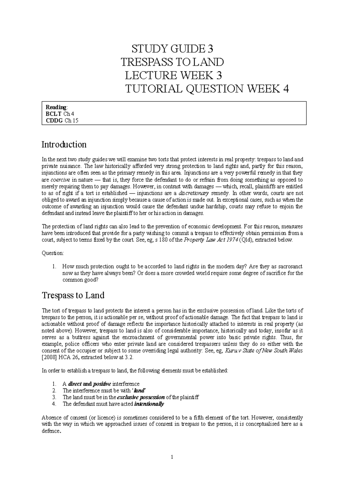 Trespass to Land 2024 - STUDY GUIDE 3 TRESPASS TO LAND LECTURE WEEK 3 ...