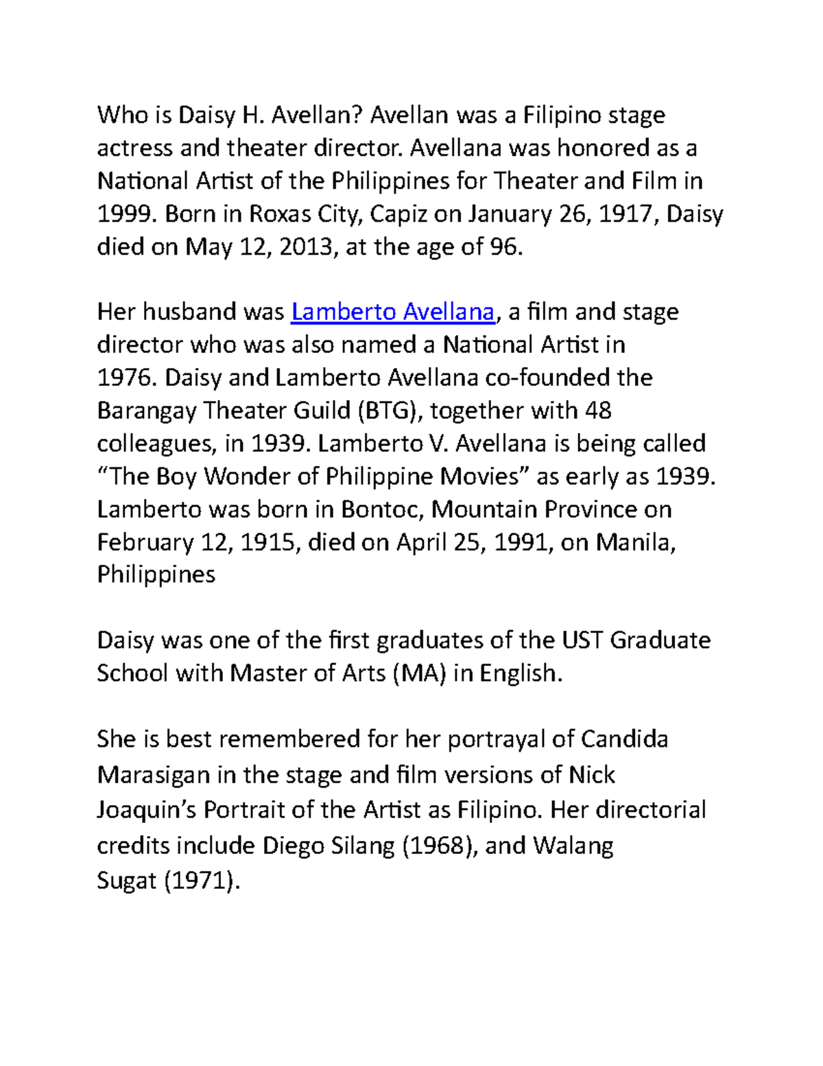 Contemp saaaad Who is Daisy H. Avellan? Avellan was a Filipino