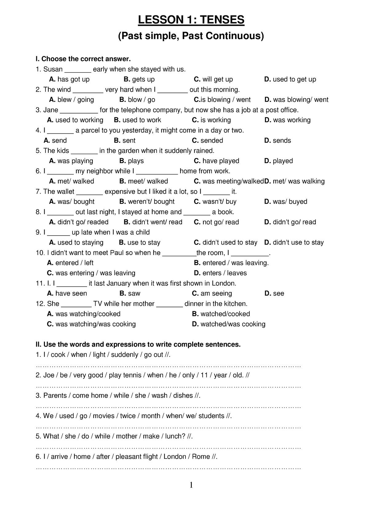 BÀI ÔN TẬP A2 - mjjjj - LESSON 1: TENSES (Past simple, Past Continuous ...