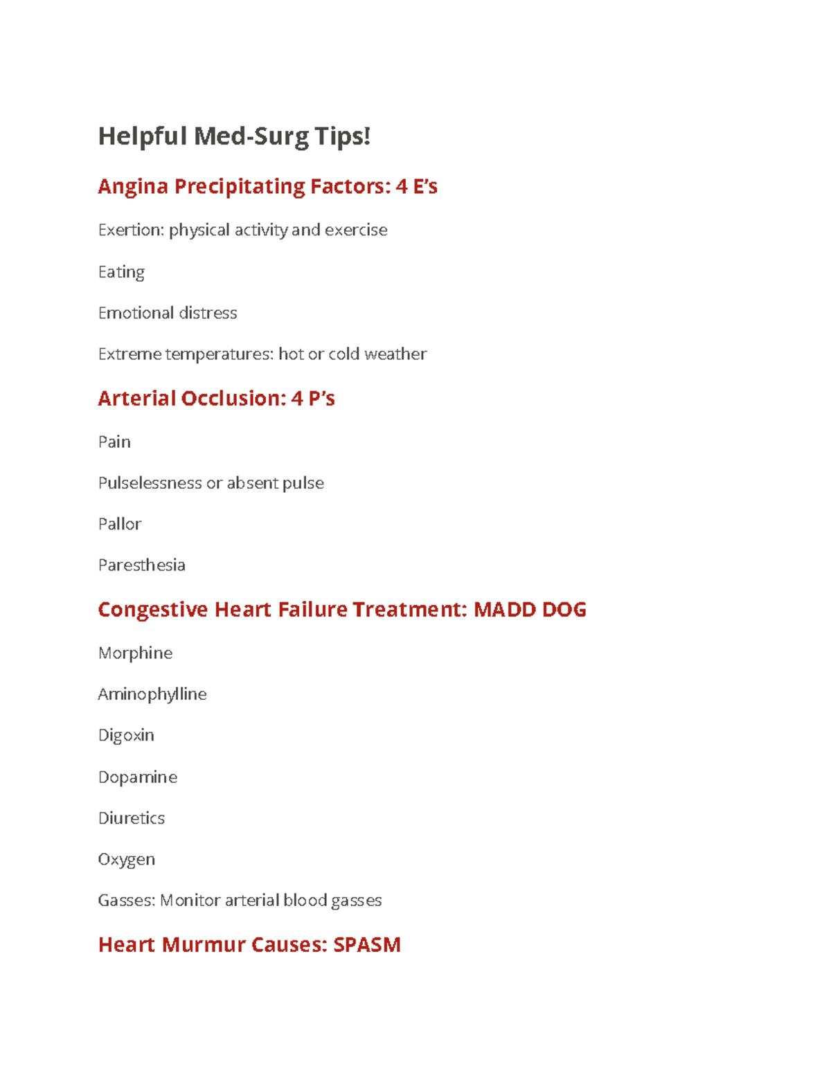 ATI Helpful Med-Surg Tips - Helpful Med-Surg Tips! Angina Precipitating ...