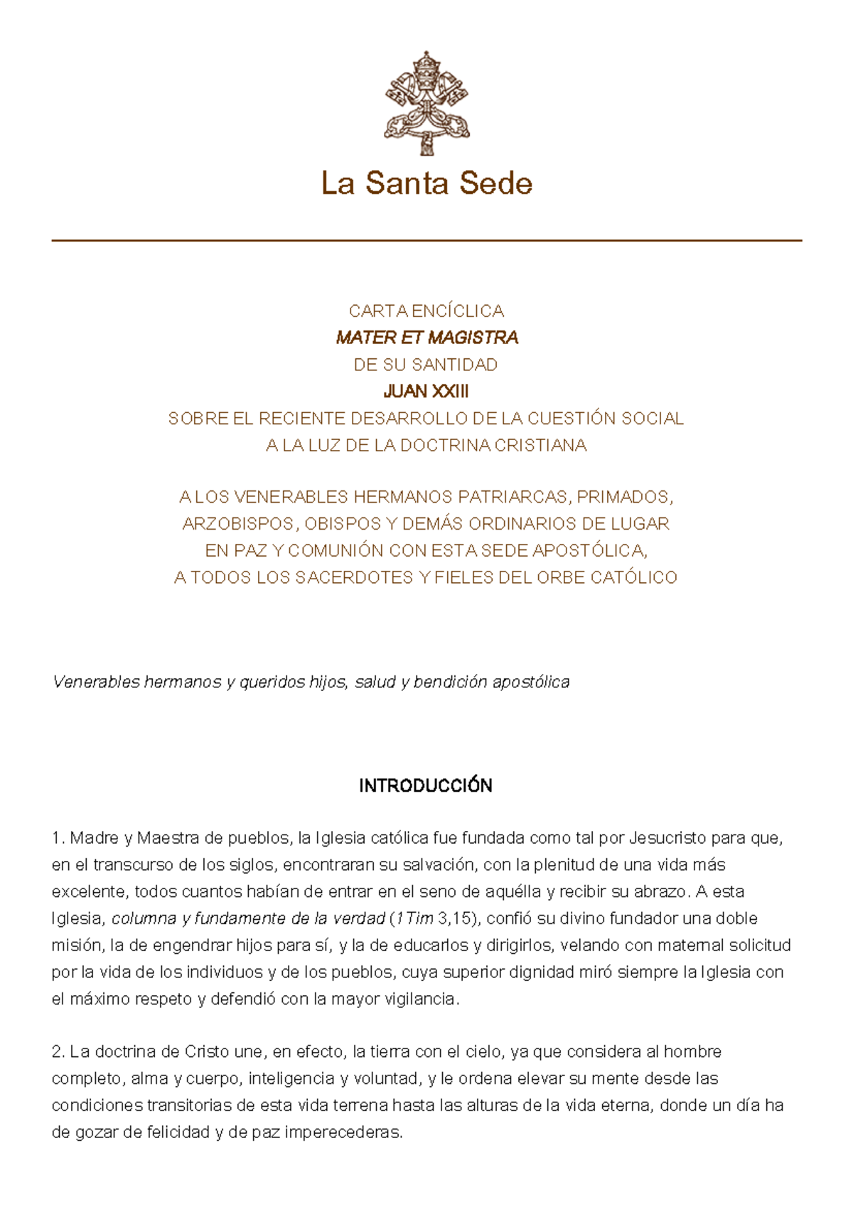 Mater et Magistra La Santa Sede CARTA ENCÍCLICA MATER ET
