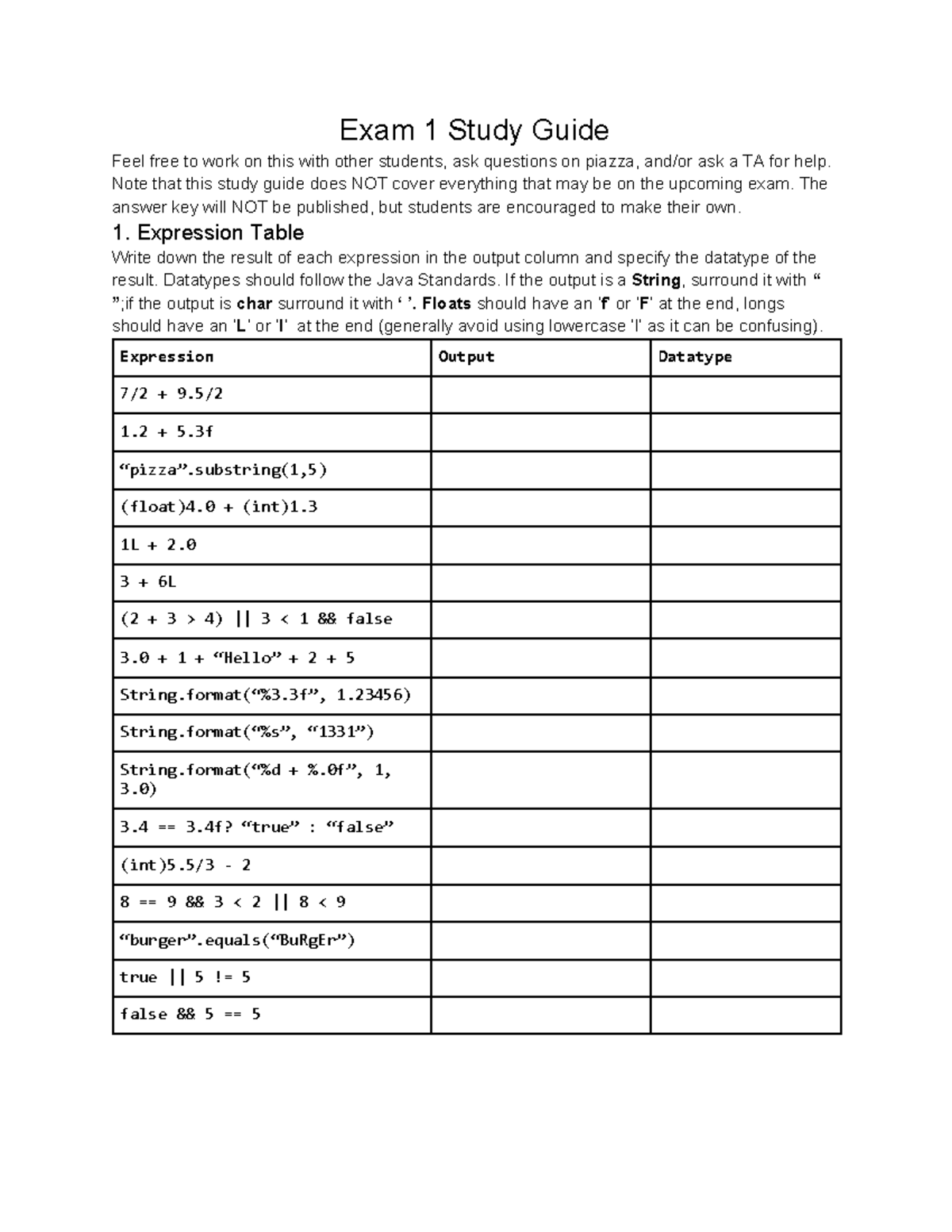 Exam+1+Study+Guide - Check - Exam 1 Study Guide Feel free to work on ...