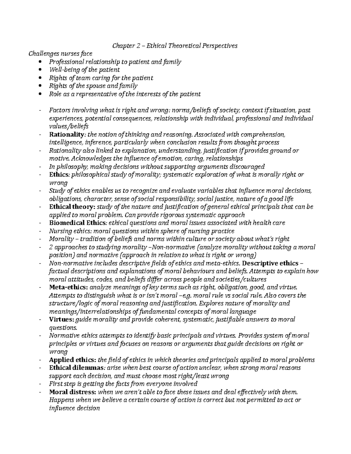 Ethics - 2 notes - Chapter 2 – Ethical Theoretical Perspectives ...