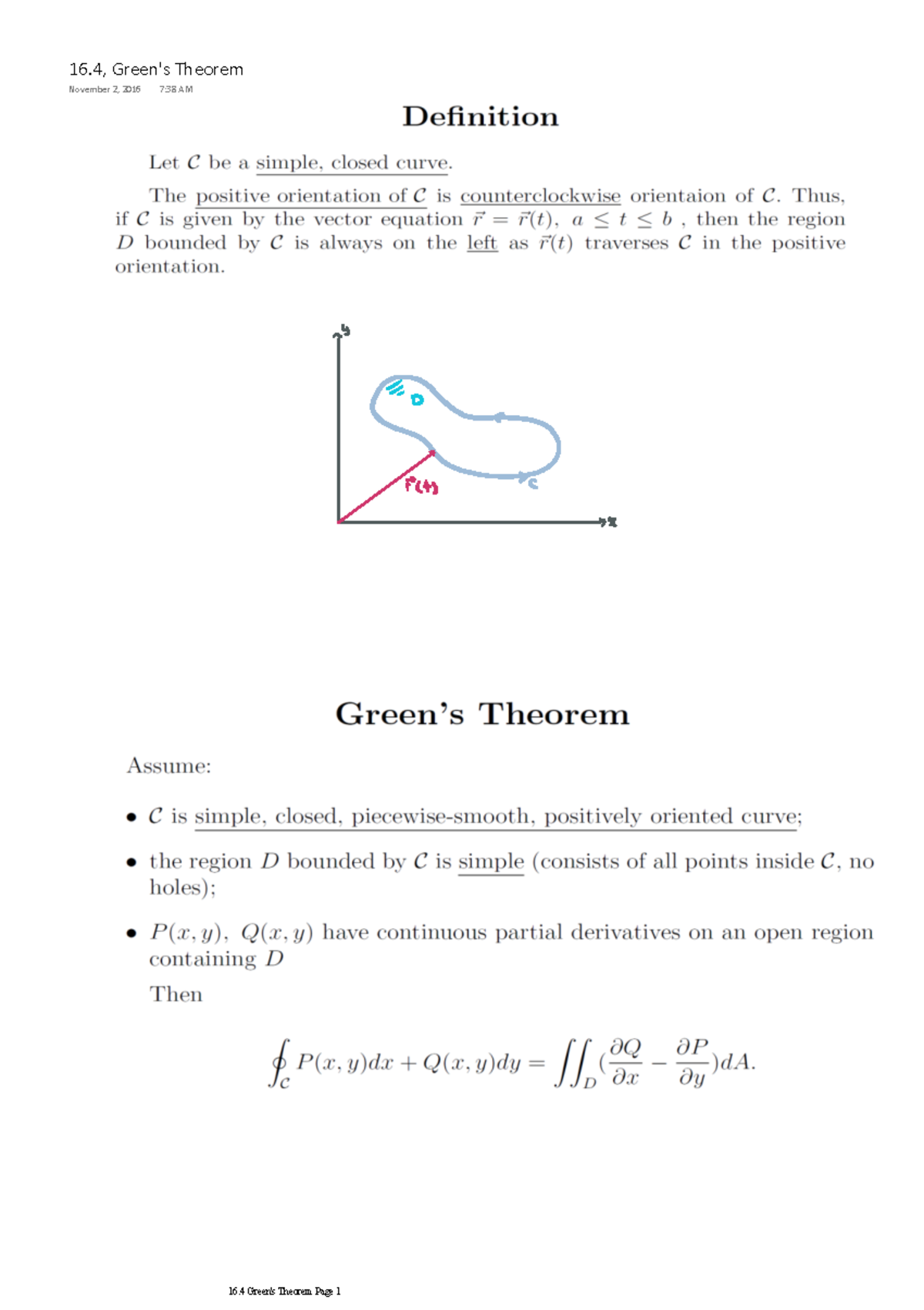 16.4 Greens Theorem - Lecture notes 16.4 - 16, Green's Theorem November ...